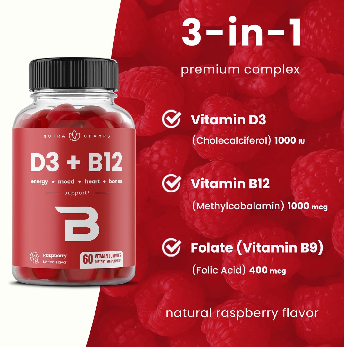 NutraChamps Vitamin D3 & B12 Gummies, 60 Count