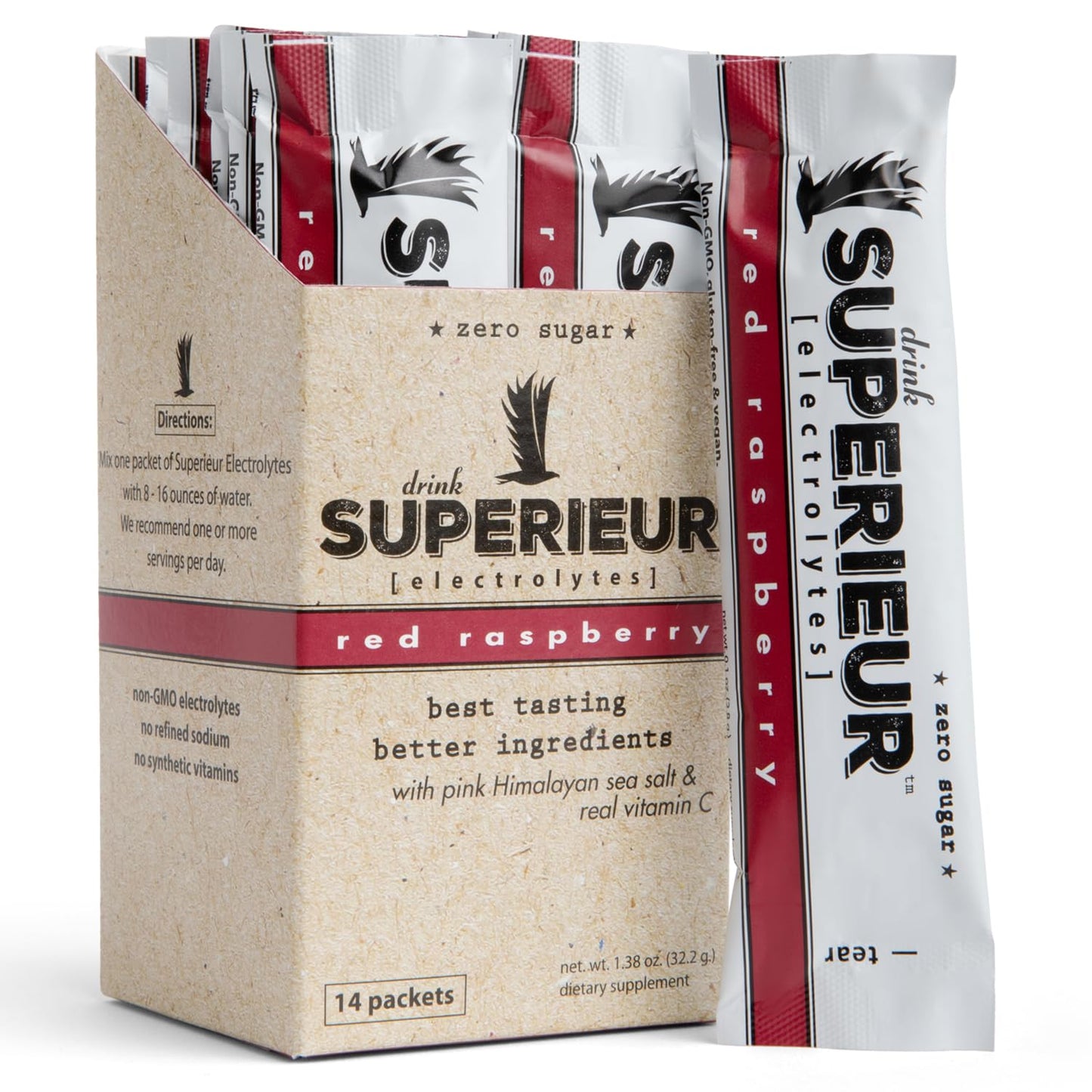 Superieur Sea Mineral Electrolyte Powder, Raspberry, 14 Packets