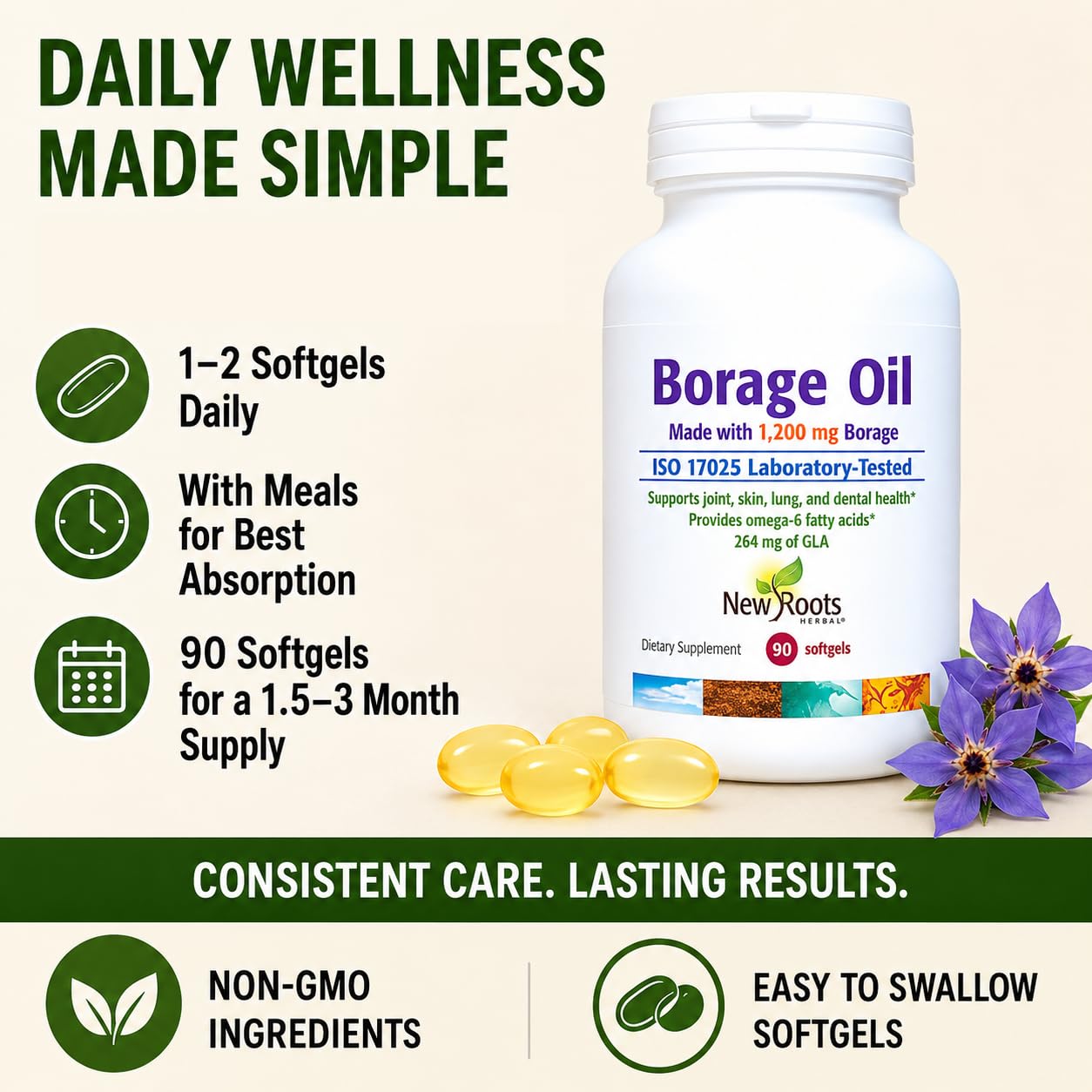 New Roots Herbal Borage Oil Softgels 1200 mg, 90 Count