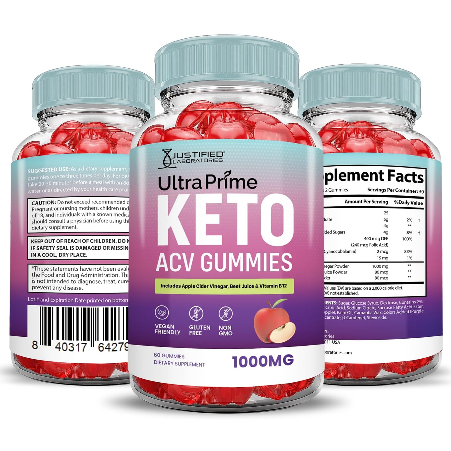 Justified Laboratories Ultra Prime Keto ACV Gummies Advanced Formula 1000MG Apple Cider Vinegar, Pomegranate Beet Juice Powder, B12, Vegan, Non-GMO, 180 Gummies