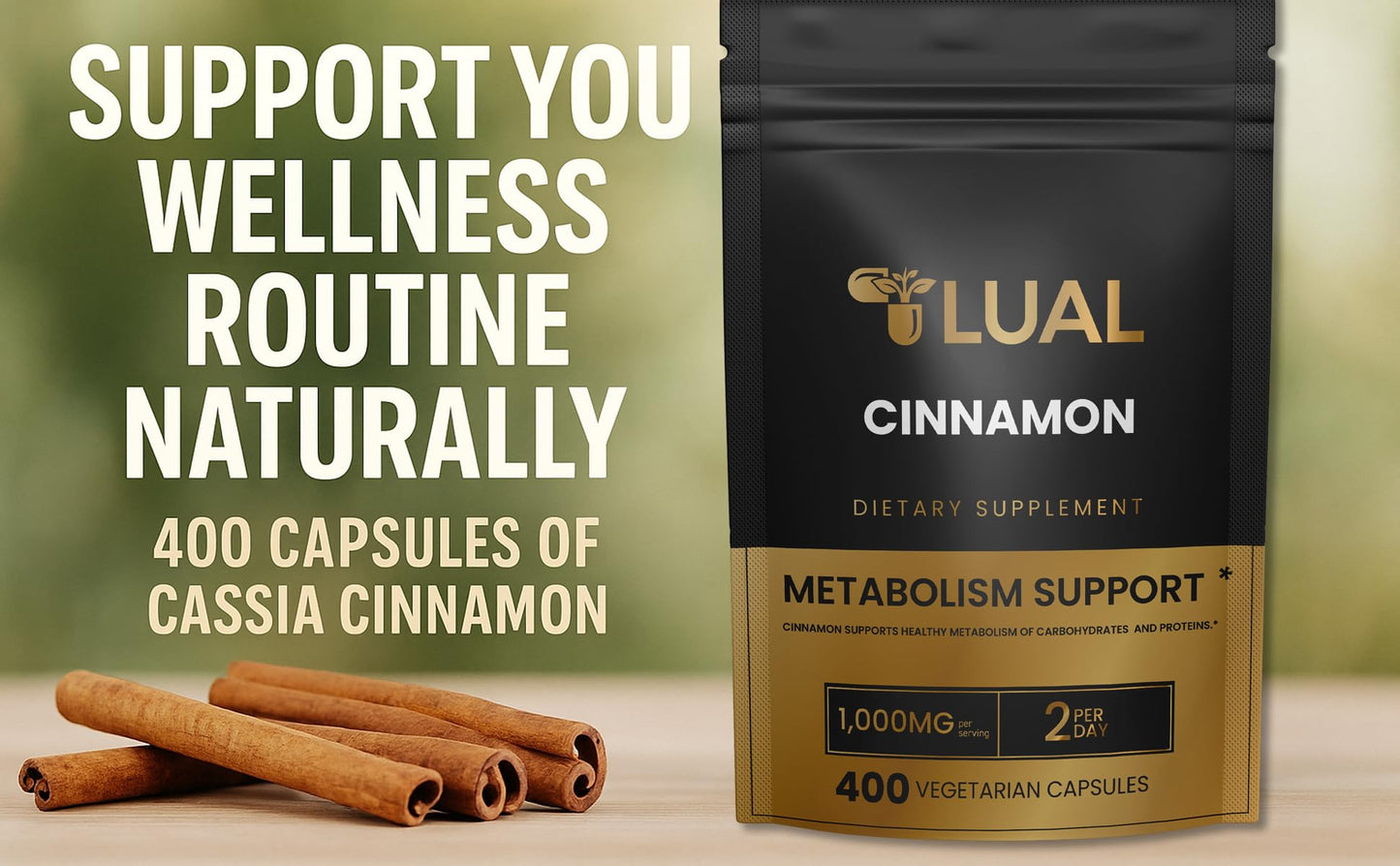 LUAL Cinnamon Supplement 1000mg Capsules, 400 Count