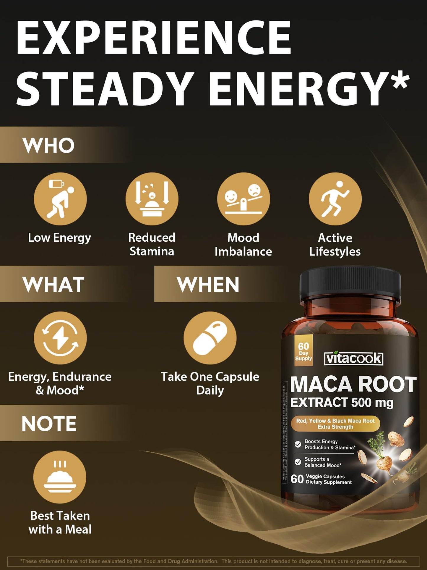 Vitacook Maca Root Capsules 500 mg Extract, Peruvian Maca (Black, Red & Yellow) for Energy, Stamina, Mood, 60 Veggie Capsules