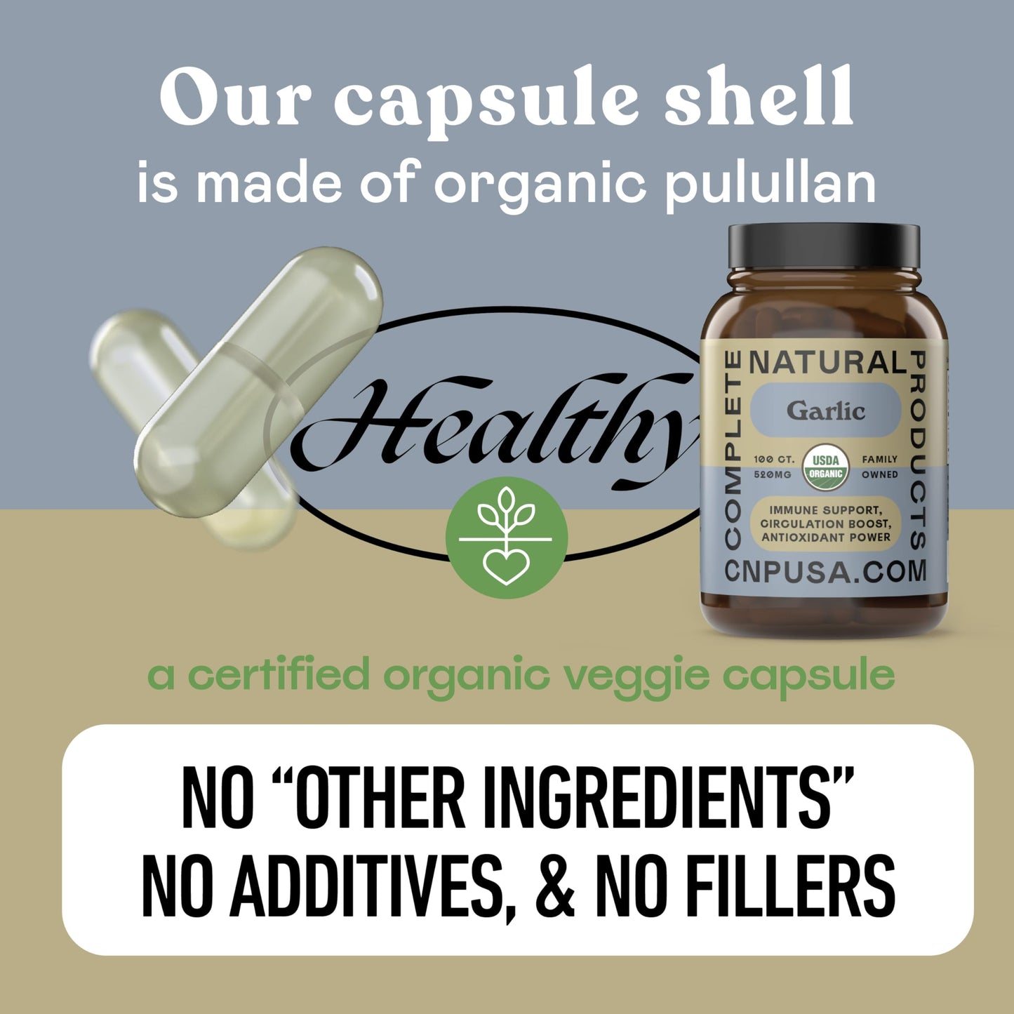 Complete Natural Products Organic Garlic Capsules 520mg Whole Garlic Extract Supplement Capsule, 100 Count