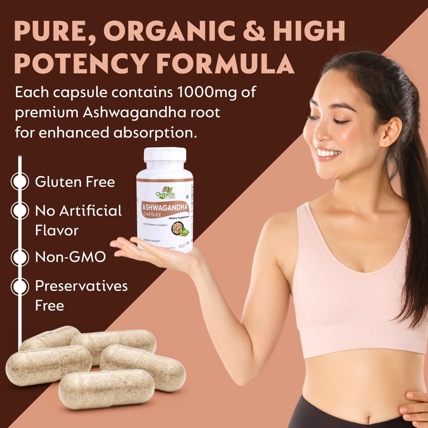 ORGANIC VEDAA HOLISTIC CARE Natural Fiber Ashwagandha Capsules 60 Capsules