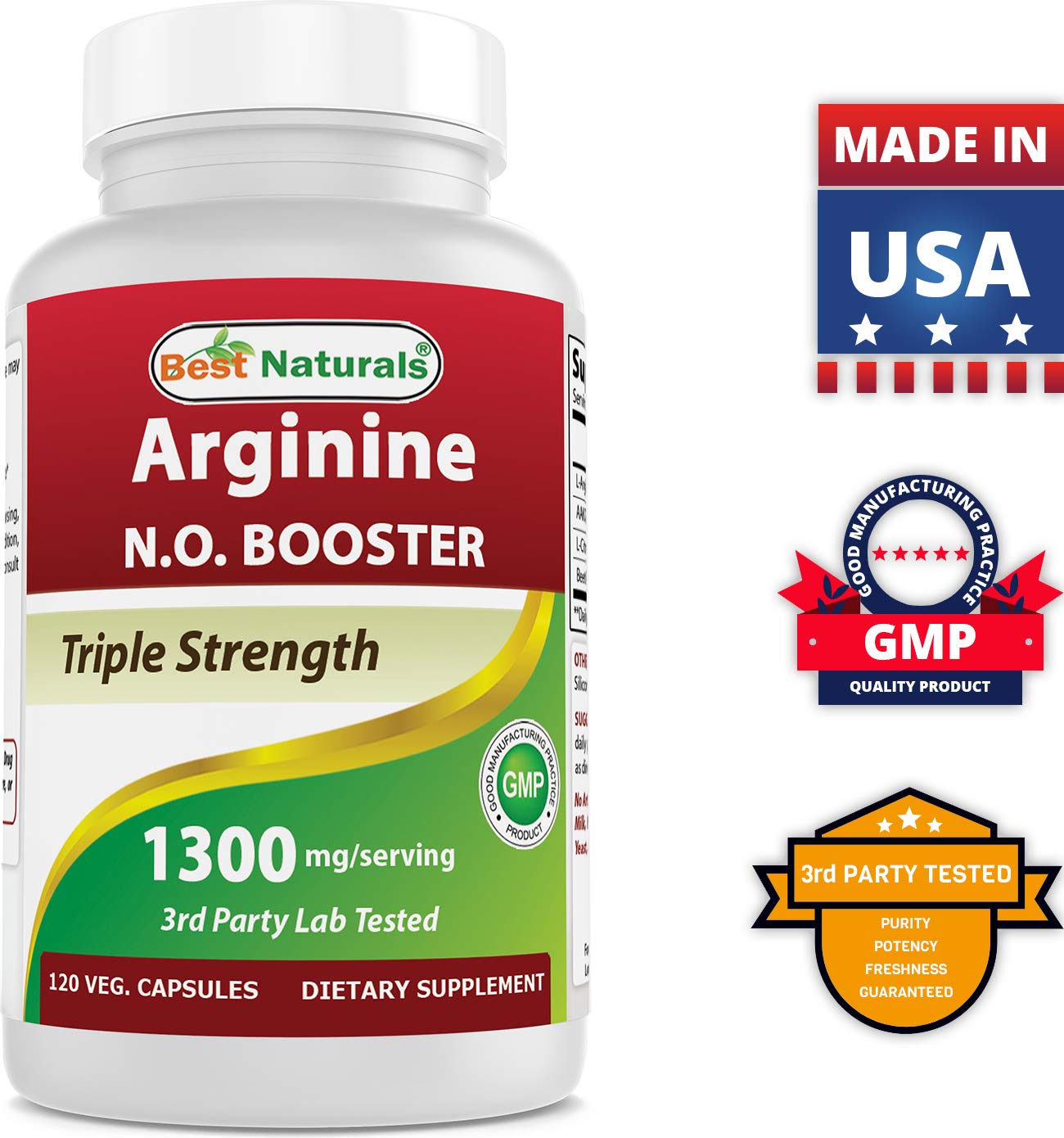 Best Naturals L-Arginine NO Booster Triple Strength 1300 mg Capsules, 120 Count