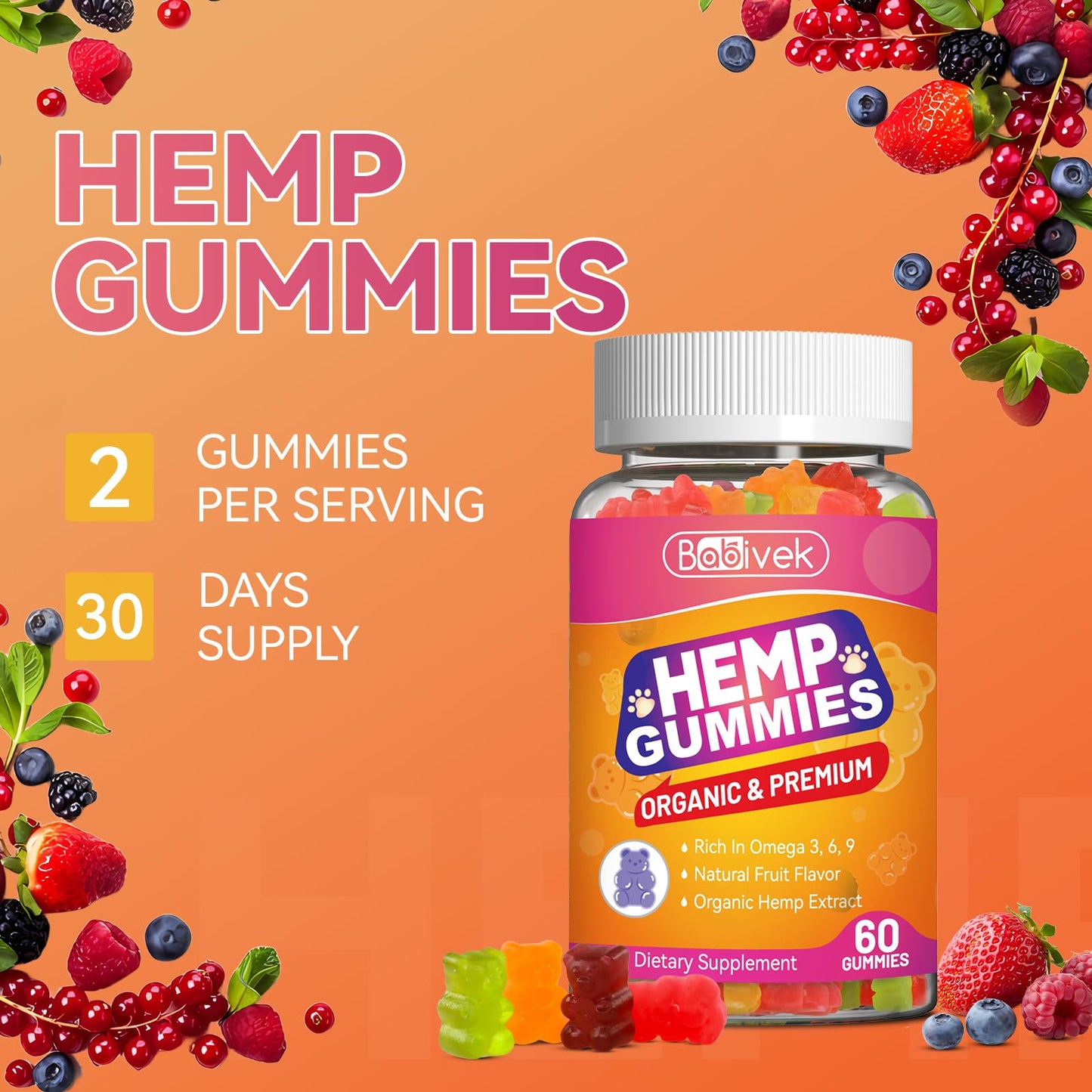 Babivek Hemp Gummies for Women & Men – Hemp Seed Oil Gummies, 120 Count