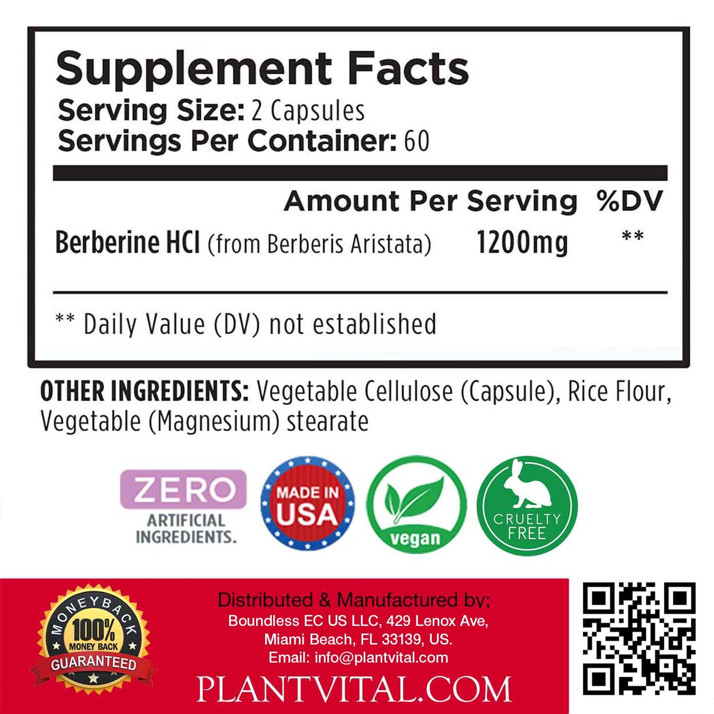 Plantvital Berberine 1200mg Capsules, 240 Count