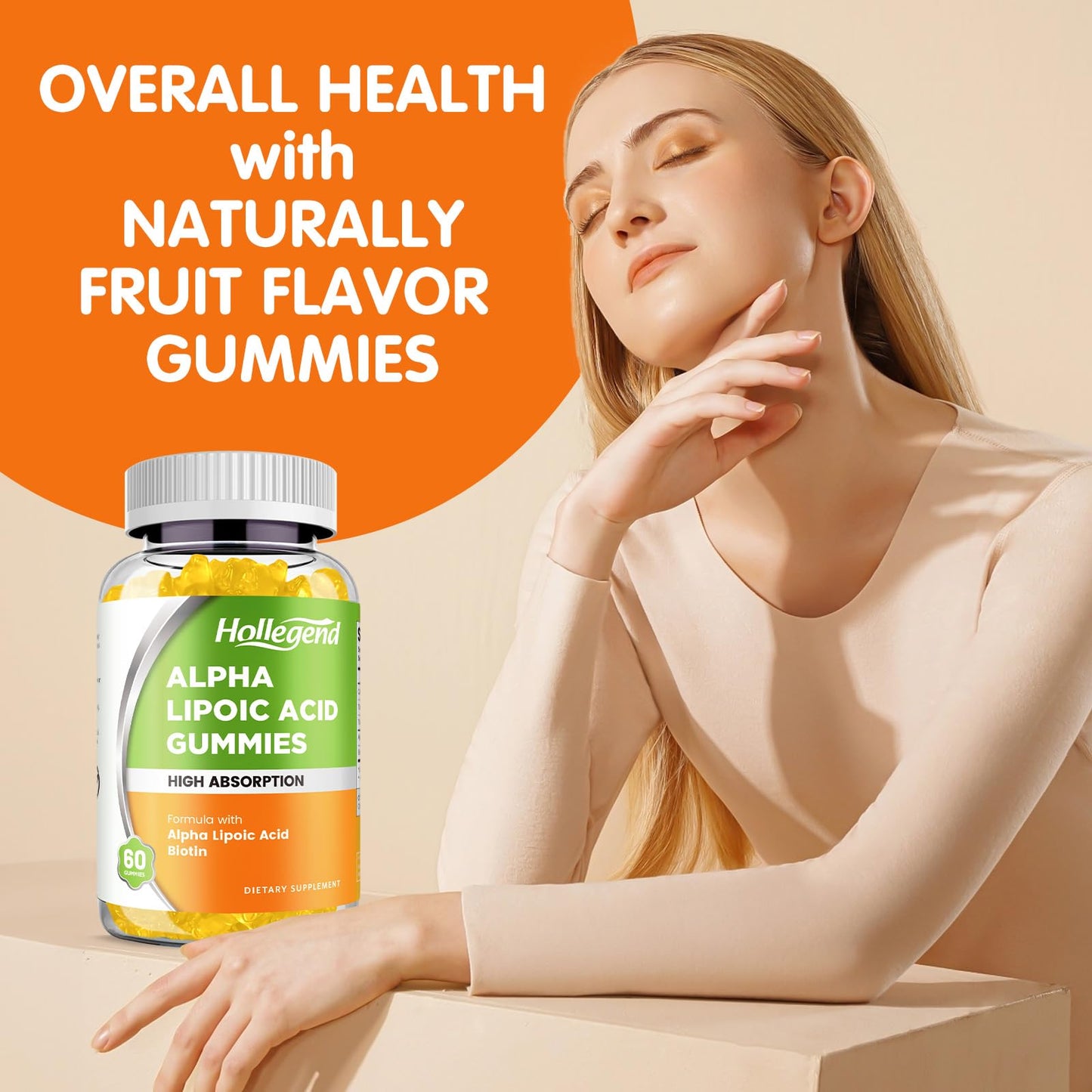 HOLLEGEND Alpha Lipoic Acid Gummy 1000mg with Biotin, High Absorption Chewable ALA Supplement for Antioxidant, Brain Health and Nerve Support, Pineapple Flavor, Sugar Free, 60 Gummies
