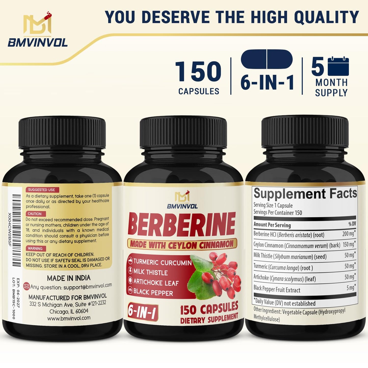 BMVINVOL Berberine with Ceylon Cinnamon, Turmeric, Milk Thistle, Artichoke, Black Pepper 150 Capsules