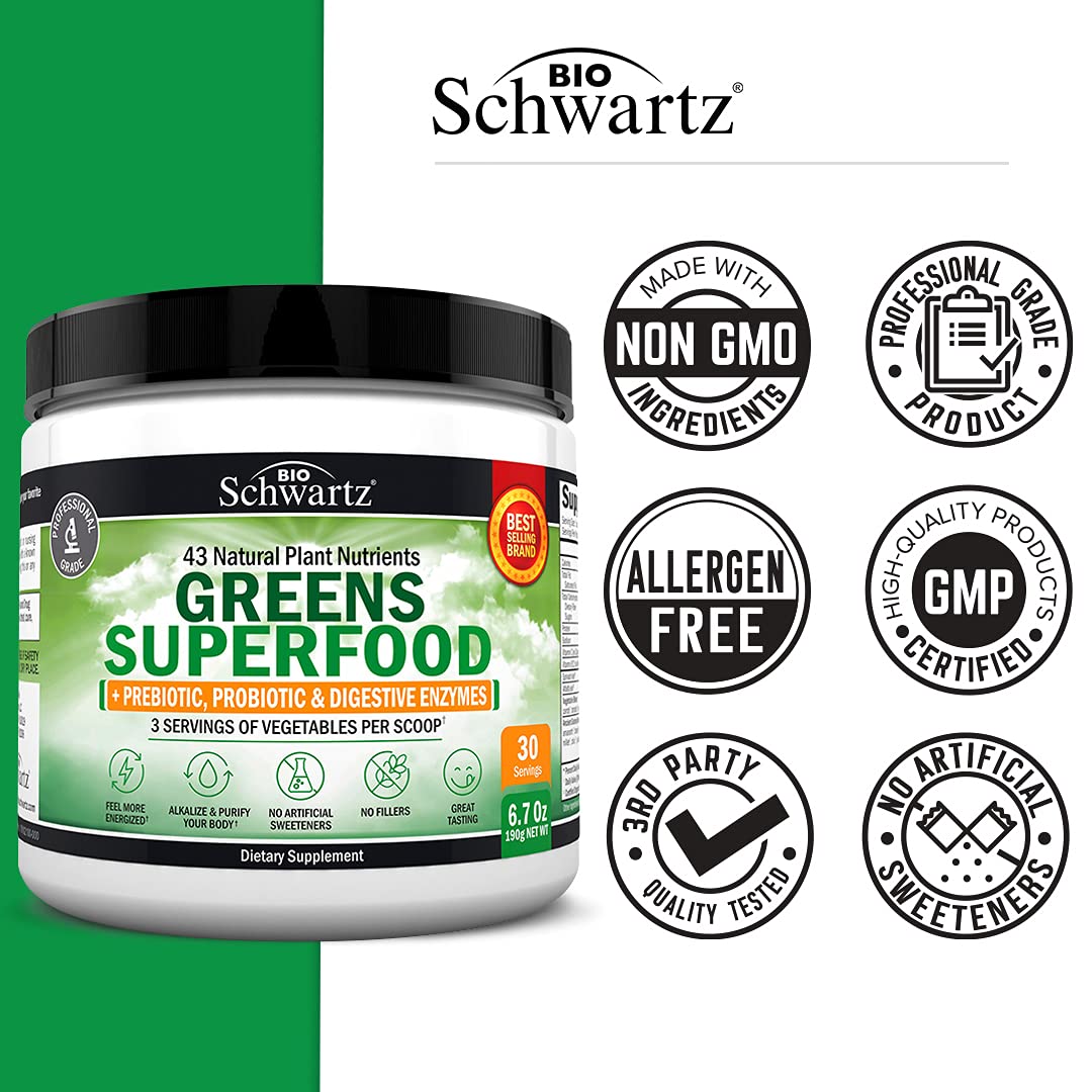 BioSchwartz Super Greens Powder with Probiotics, Prebiotics and Digestive Enzymes, 30 Servings
