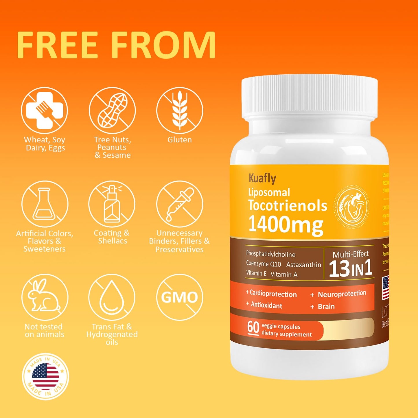 KUAFLY Liposomal Tocotrienols Vitamin E 1400mg Powder with Phosphatidylcholine, Astaxanthin, 120