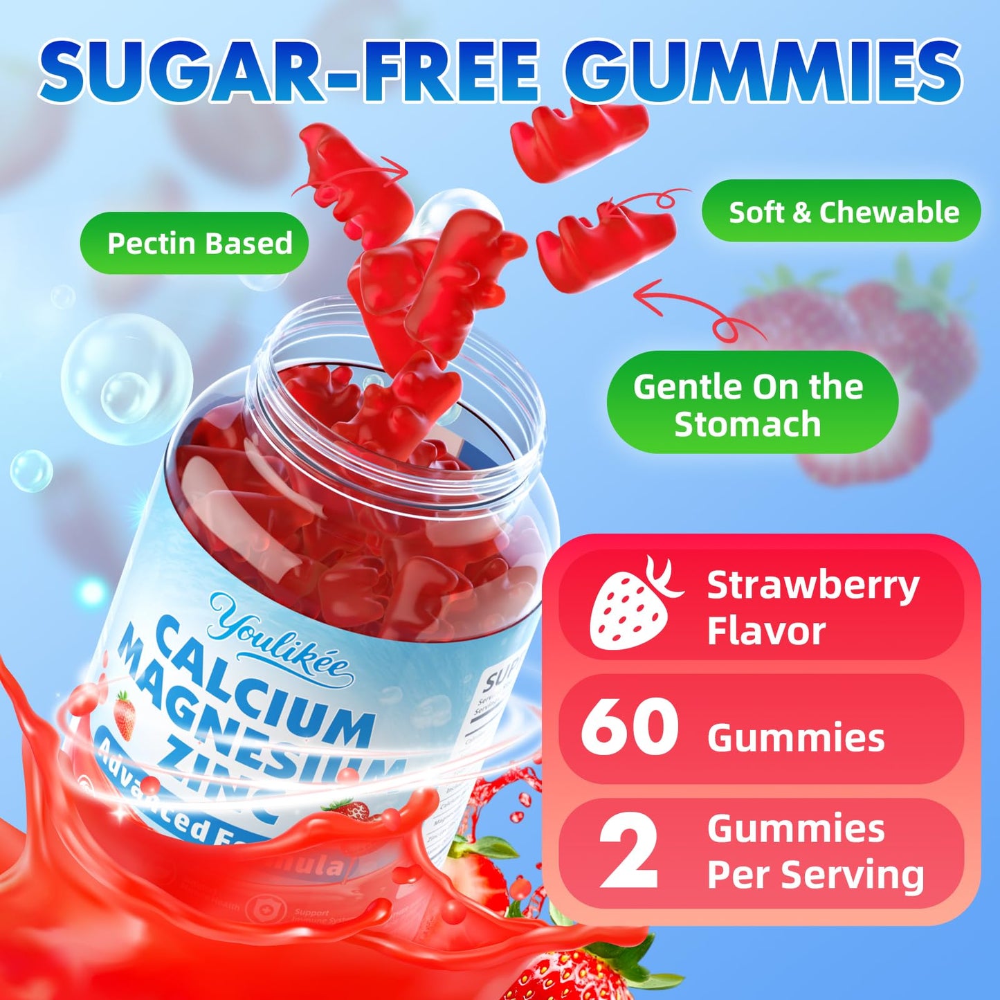 Youlikee Calcium Magnesium Zinc Gummies 60 Count