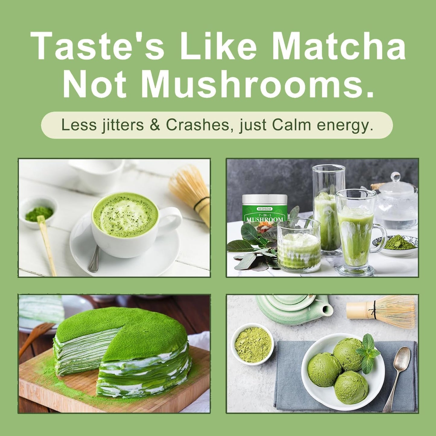 KEDISOM Mushroom Matcha Adaptogenic Mushroom Blend with 7 Superfood Mushrooms and Ceremonial-Grade Matcha with Turkey Tail, Shiitake, Lion's Mane Powder 8
