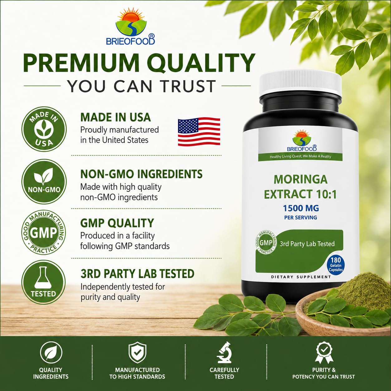 Brieofood Moringa Oleifera Extract 10:1 1500 mg Capsules 180
