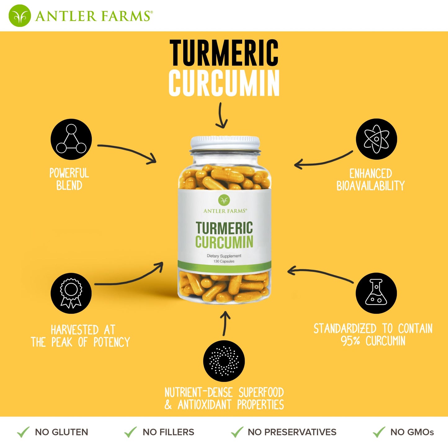 Antler Farms 100% Pure Turmeric Curcumin Vegan Capsules 130 Count