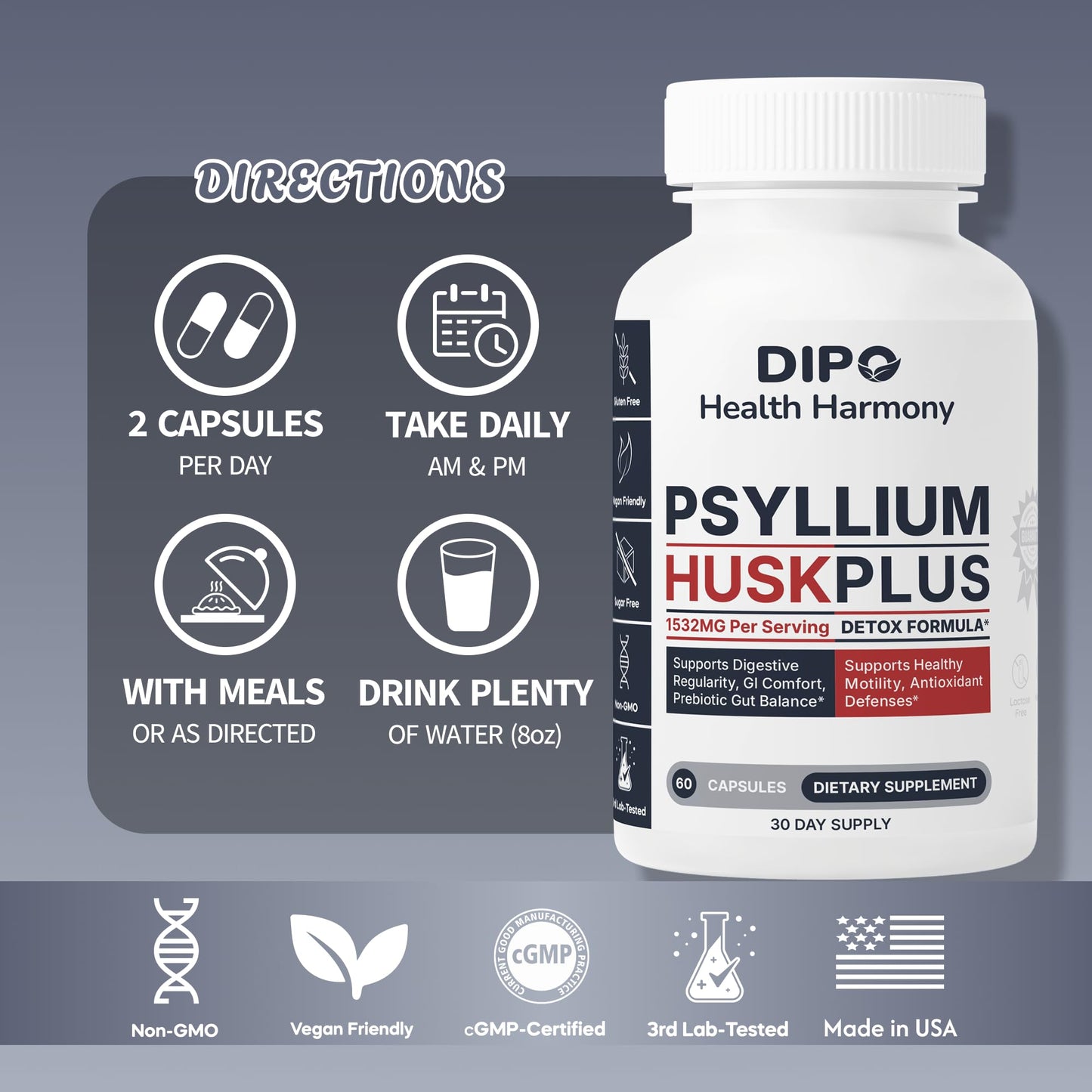DIPO HEALTH HARMONY Psyllium Husk Capsules 60 Count