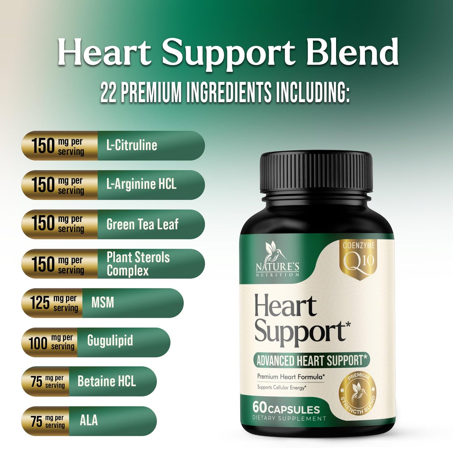 Nature's Nutrition Heart Health Supplement – Complete Heart Support Formula for Women & Men, with CoQ10, B Vitamins, L-Arginine, Hawthorn, Resveratrol – Natural Nitric Oxide Energy Production – Made USA, 60 Capsules