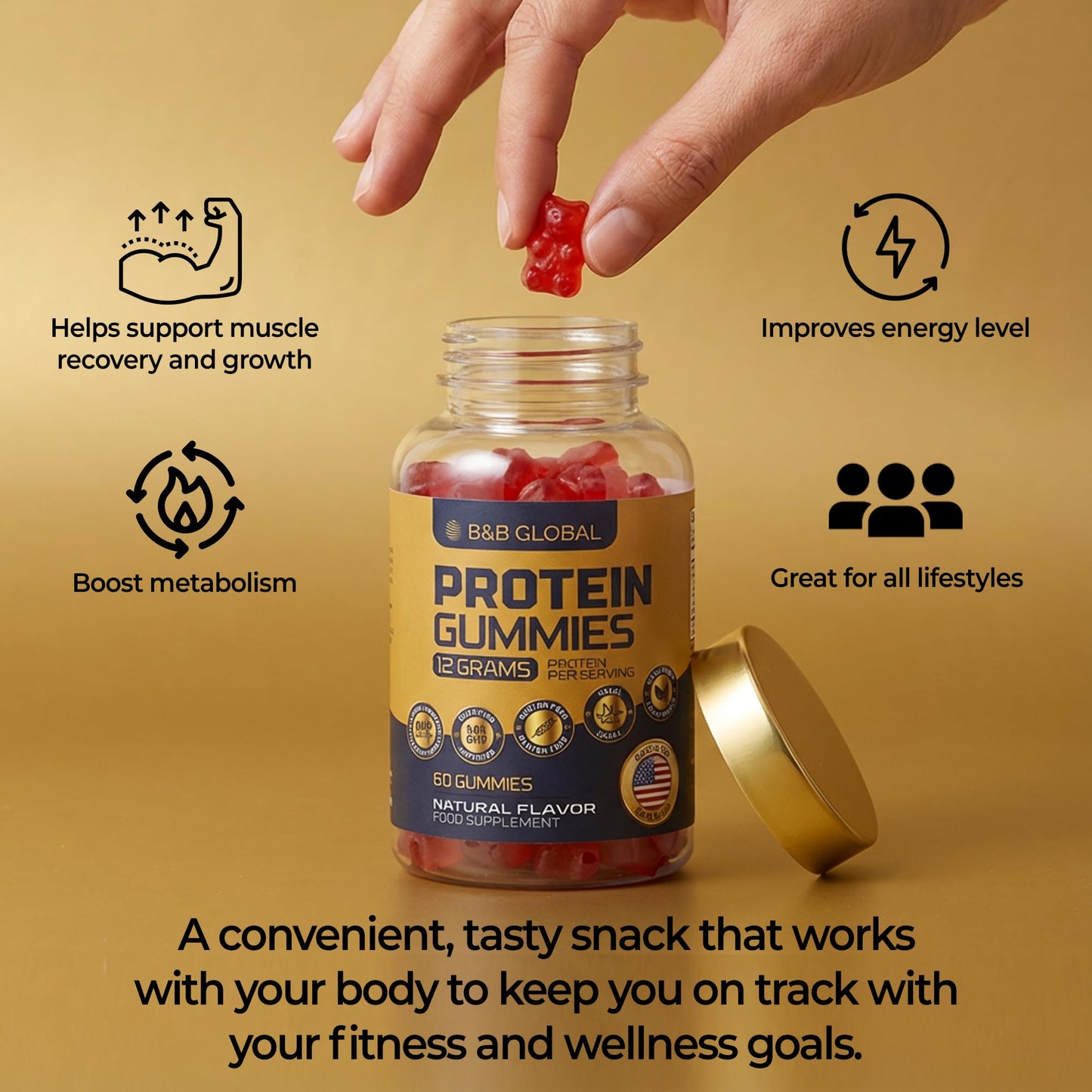 B&B GLOBAL Protein Gummies – Naturally Mixed Berry Flavored, 60 Gummies