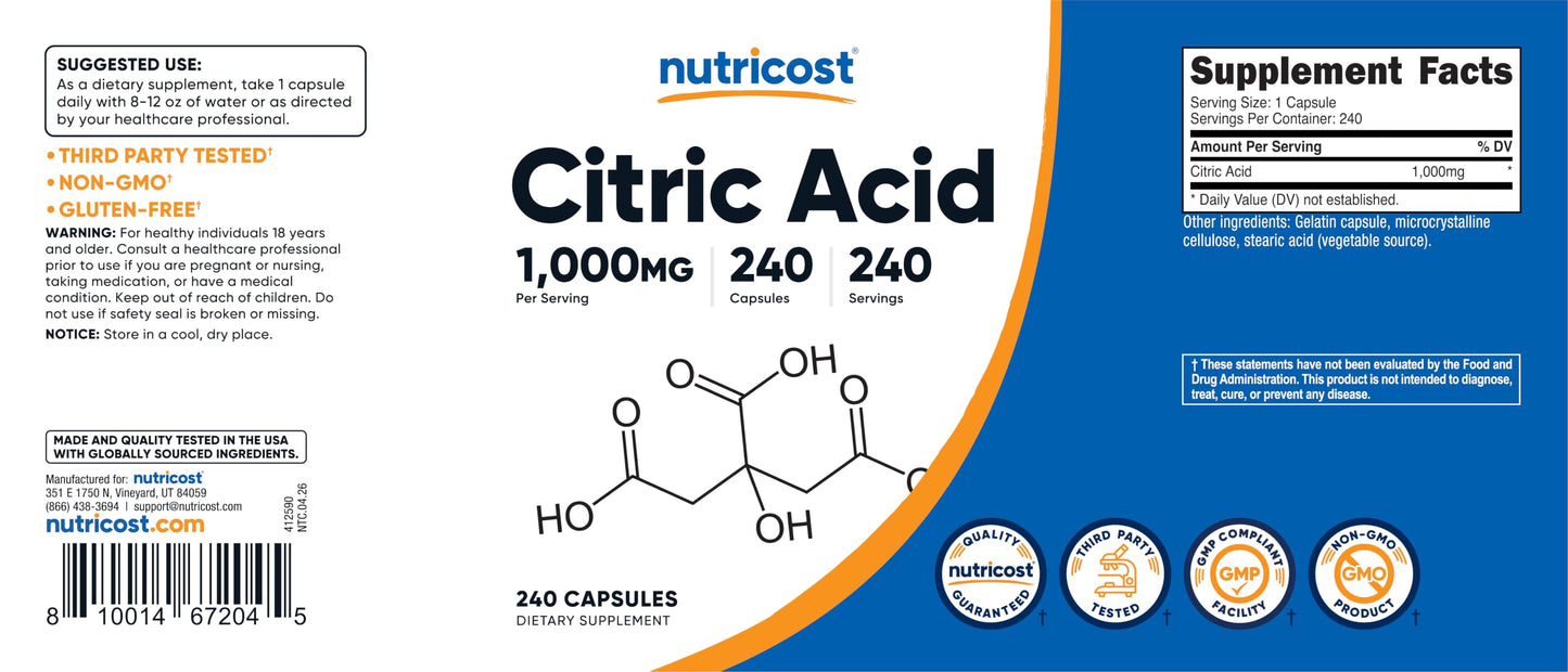 Nutricost Citric Acid 1000mg (1 gram), 240 Capsules