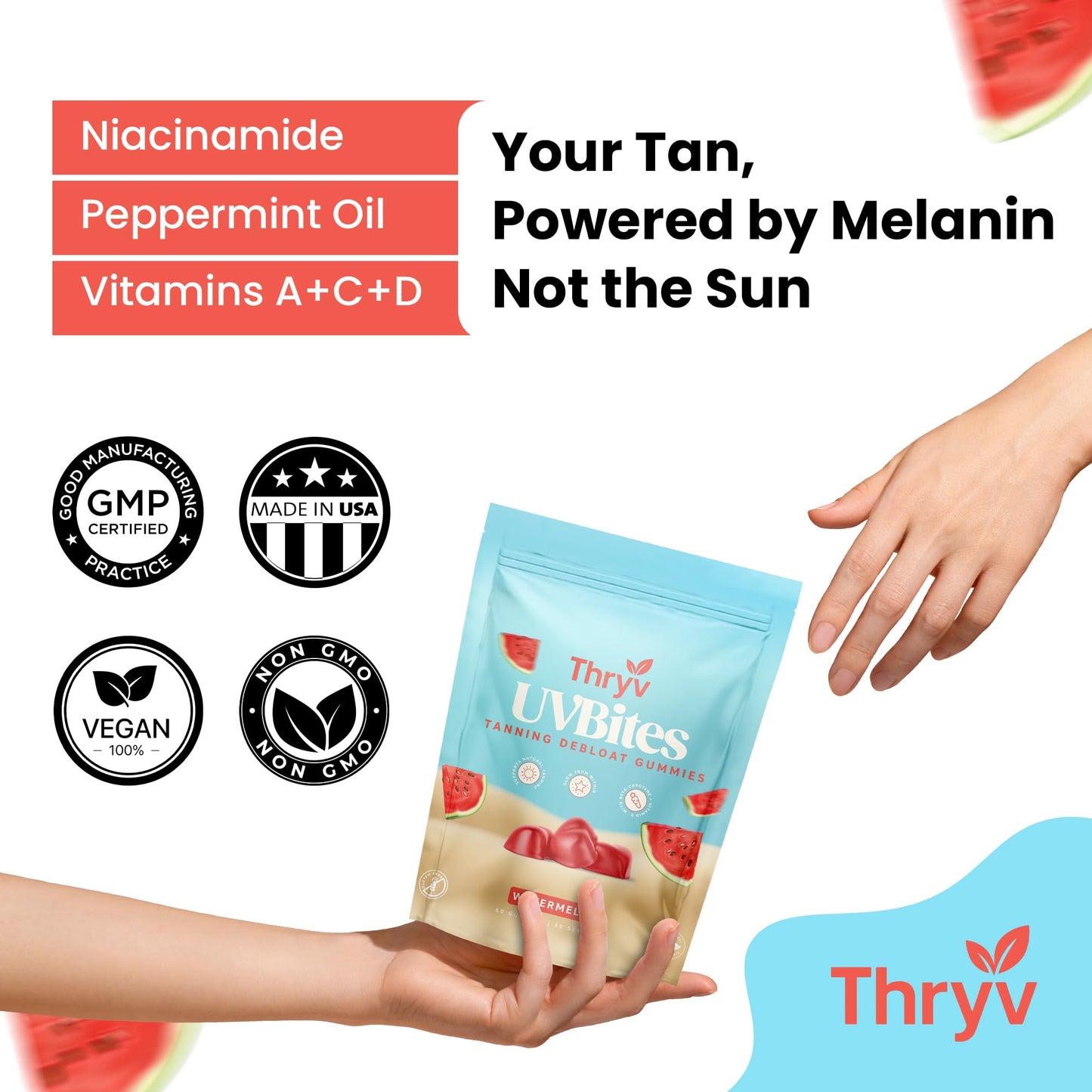 Thryv UVBites Tanning Gummies Self Tan Supplement Glow Up Skin with Beta Carotene, Astaxanthin, Niacinamide, 60 Count