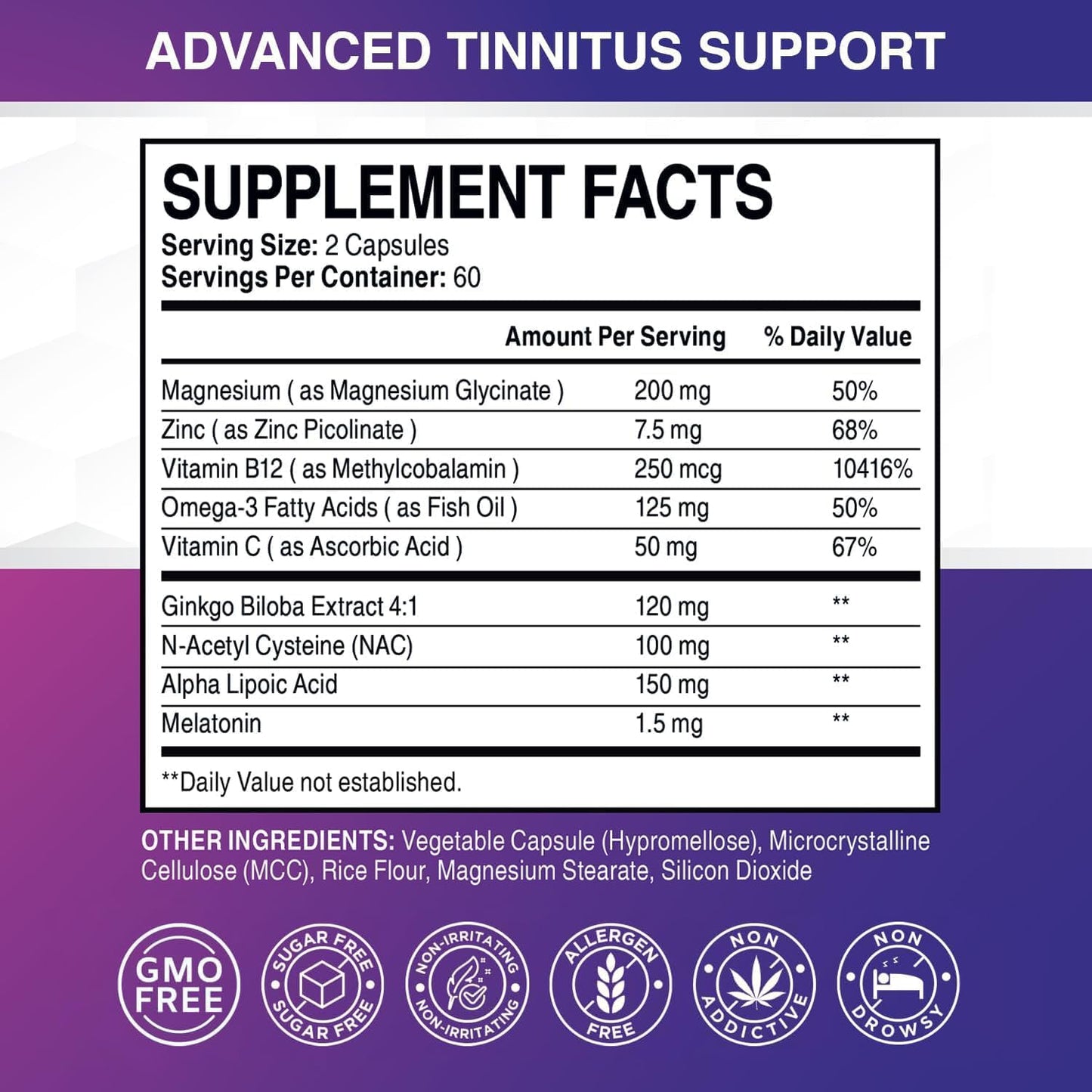 Tetyana Naturals Tinnitus Relief for Ringing Ears Supplement: Natural Hearing Health Formula, Capsules, 120