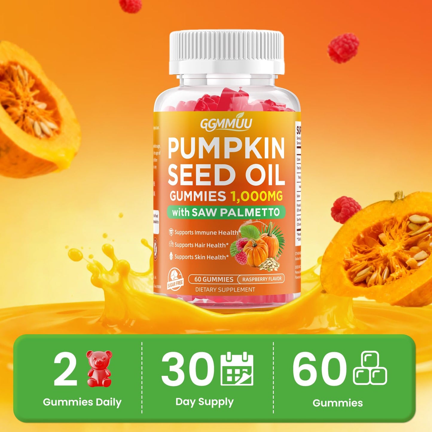 GGMMUU Pumpkin Seed Oil Gummies with Saw Palmetto, Raspberry, 60 Count