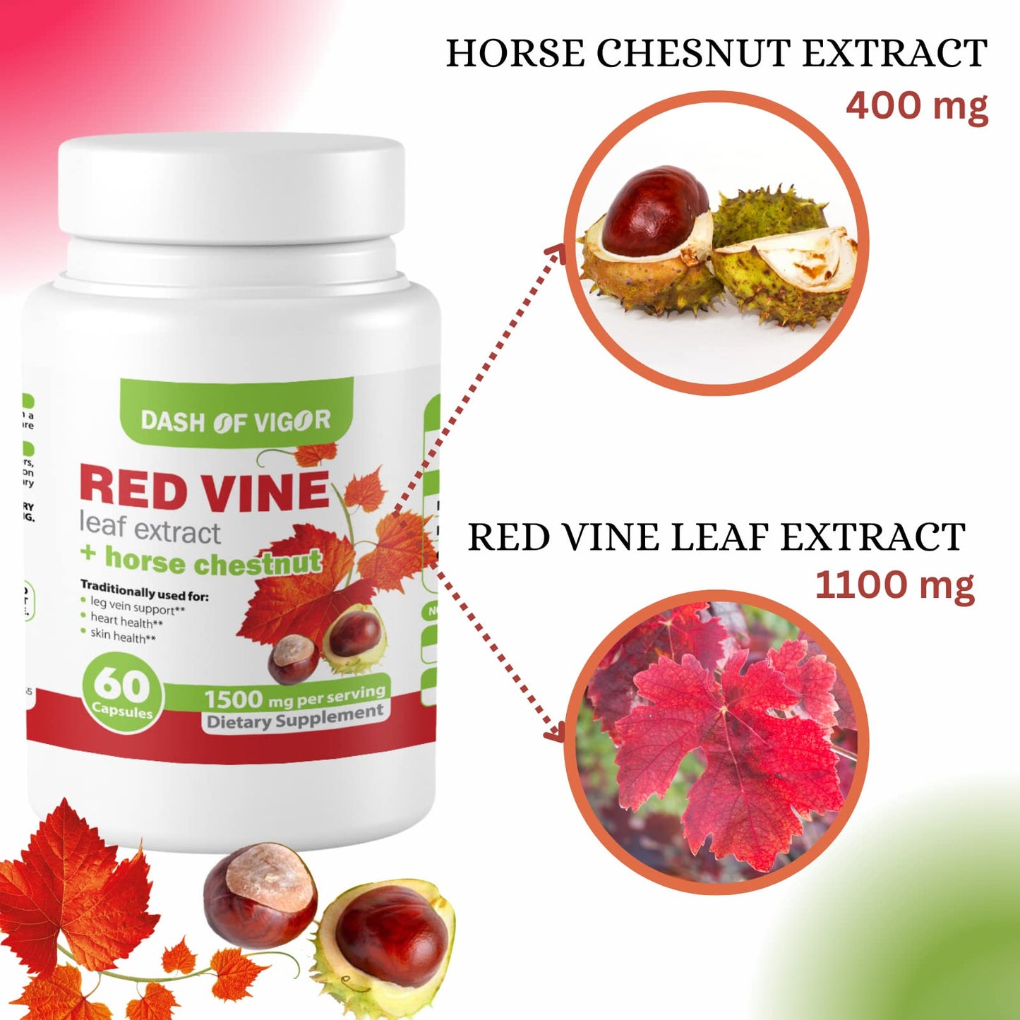 DASH OF VIGOR DOFV Red Vine Leaf Extract (Vitis Vinifera) and Horse Chestnut Extract, Red Vine Extract 1500 mg Capsules, 60 Count