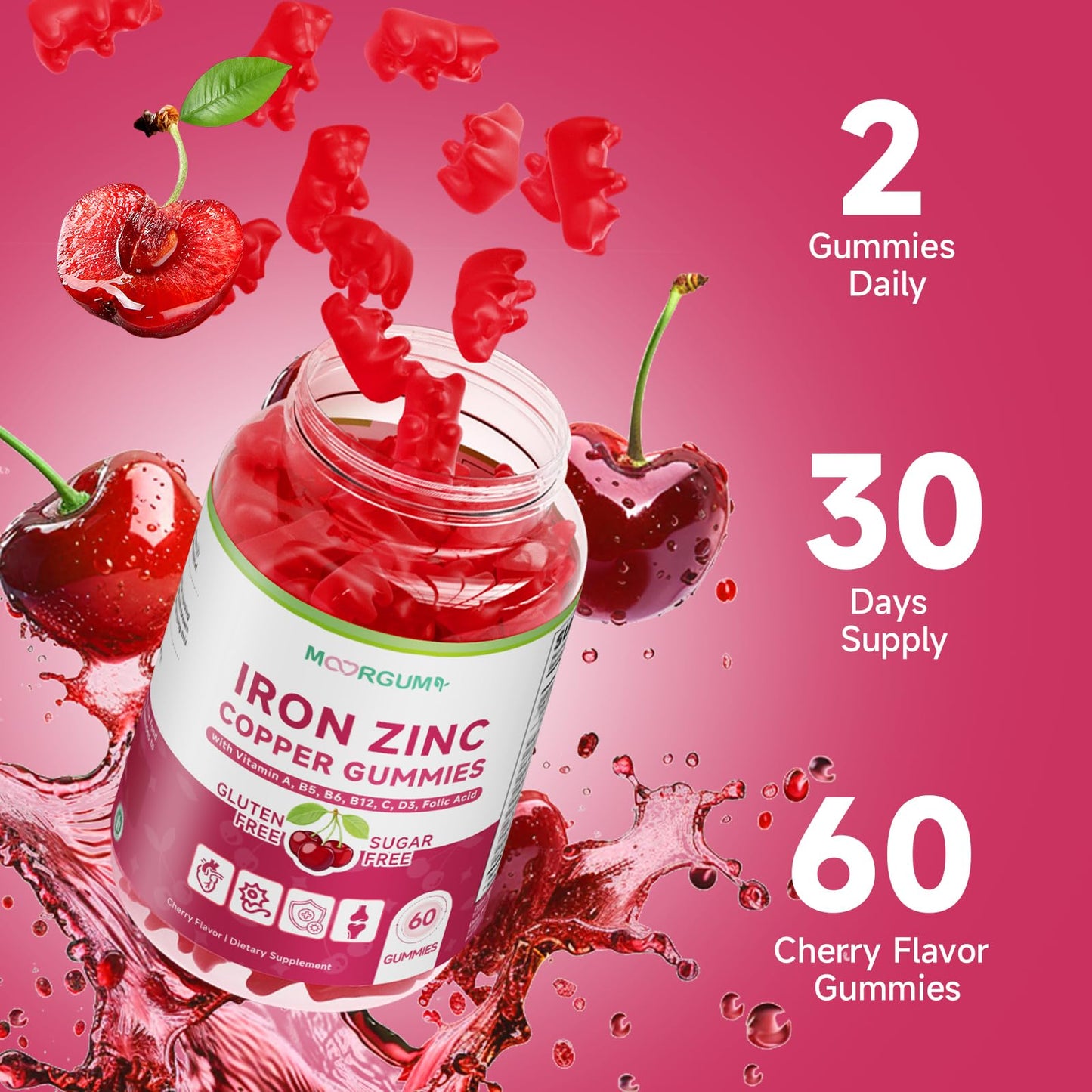 MOORGUMY Iron, Zinc, Copper Mineral Gummies with Vitamin A, B5, B6, C, D3, B12 for Adults & Kids, Sugar Free Cherry Flavor, 60 Gummies