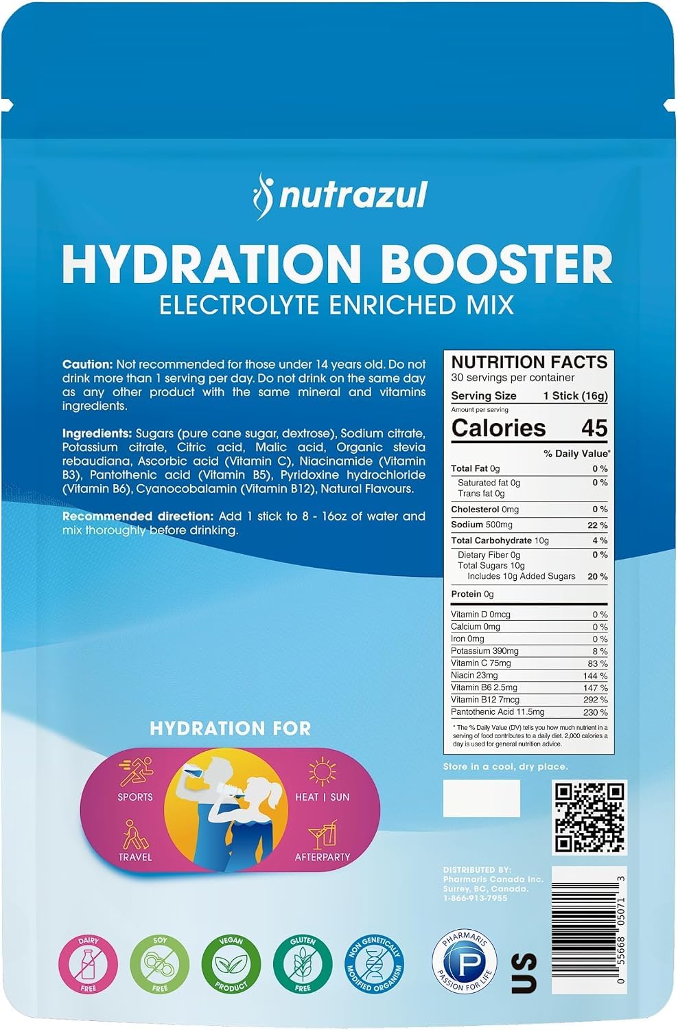 Nutrazul Hydration Booster Electrolytes Powder Sticks, 30 Sticks