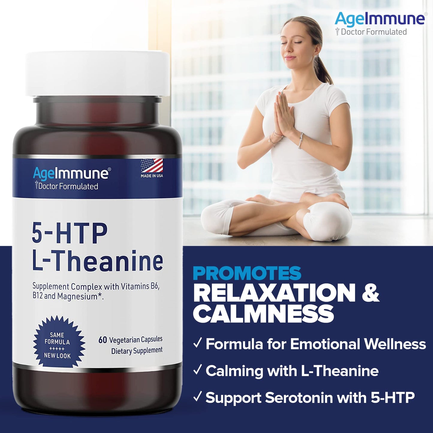 AgeImmune 5-HTP 100mg with L-Theanine 400 mg Capsules, 120 Count