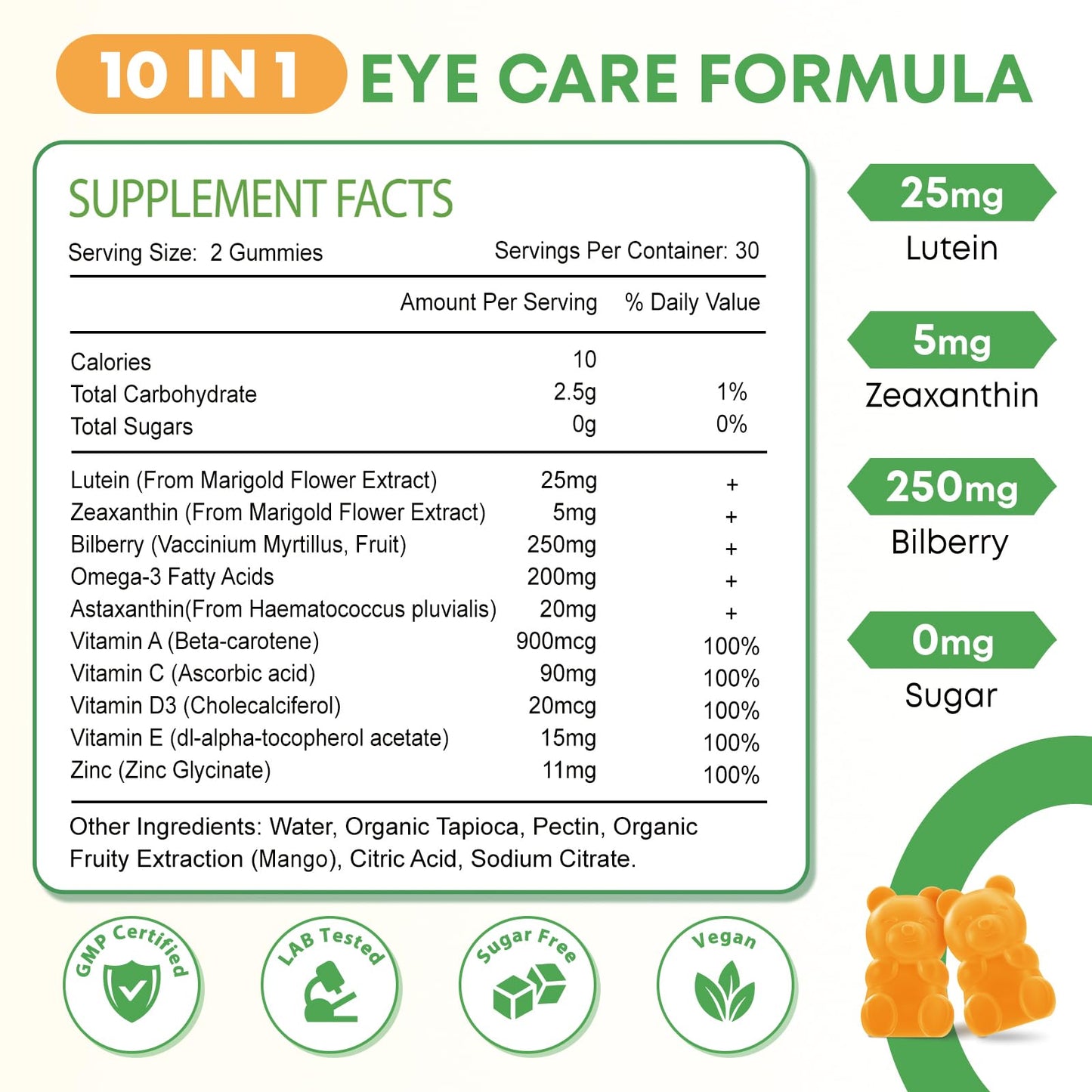 Zetelixia Lutein Zeaxanthin Gummies 25mg, Sugar Free Mango Flavor, 120 Count