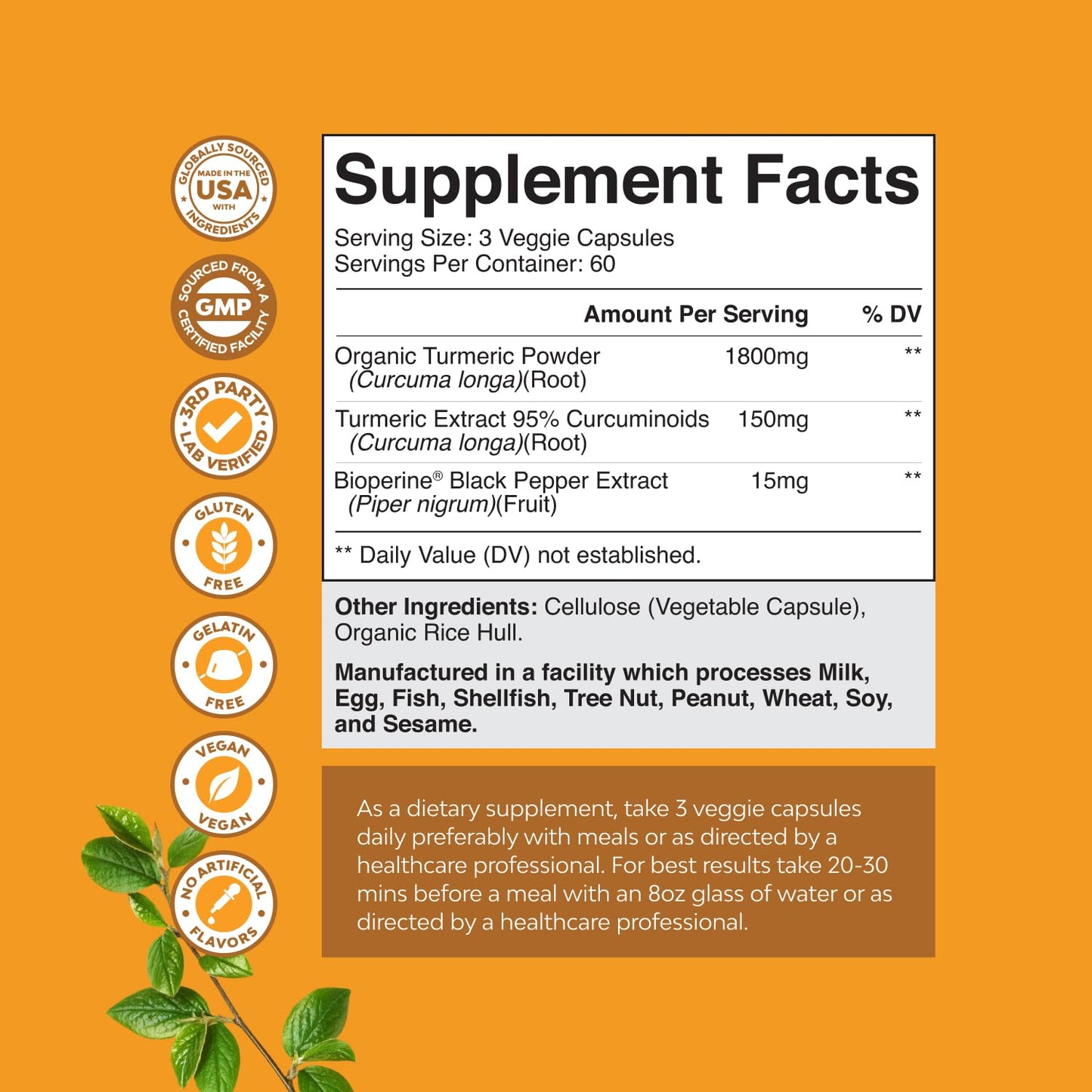 Natures Craft Turmeric Curcumin with Black Pepper Extract Capsules, 180 Count