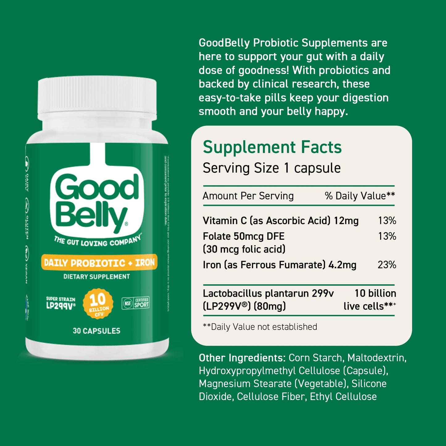 GoodBelly Probiotic Capsules for Digestive Health & Iron Absorption, 30 Capsules