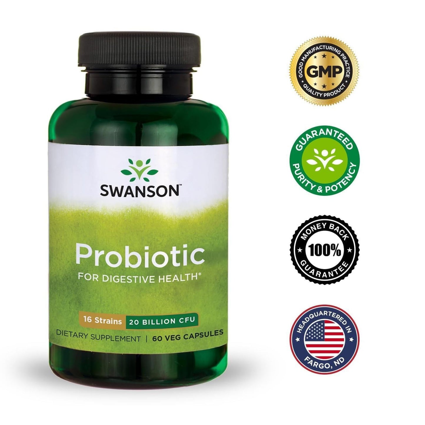 Swanson Probiotic for Digestive Health GI Tract Immune Support Travelers Support 20 Billion CFU with Prebiotic FOS 60 Veggie Capsules