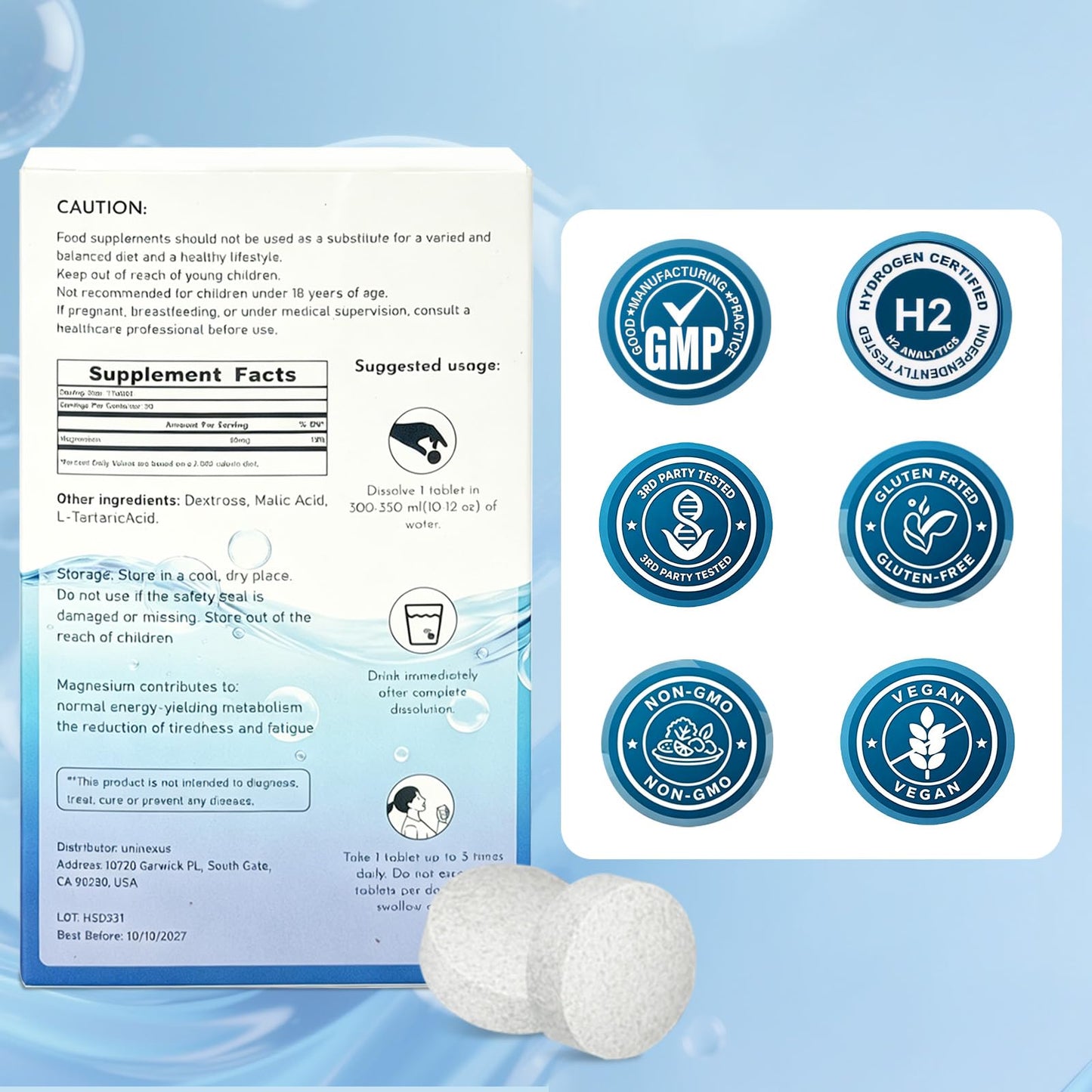 uninexus Molecular Hydrogen Tablets with Magnesium for Seniors, Women - Fast Dissolving H2 Water Tabs, 12 PPM Hydrogen-Rich Antioxidant Supplement for Energy & Post Workout Support, Tablet, 30 Count