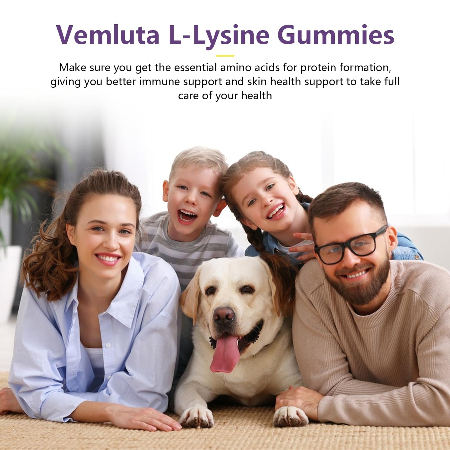 Vemluta L-Lysine Gummies 1200 mg for Immune Support & Collagen Boost, Chewable Lysine Supplement for Adults, Lip & Cold Sore Support, Blueberry, Non-GMO, Gluten Free, 120 Gummies
