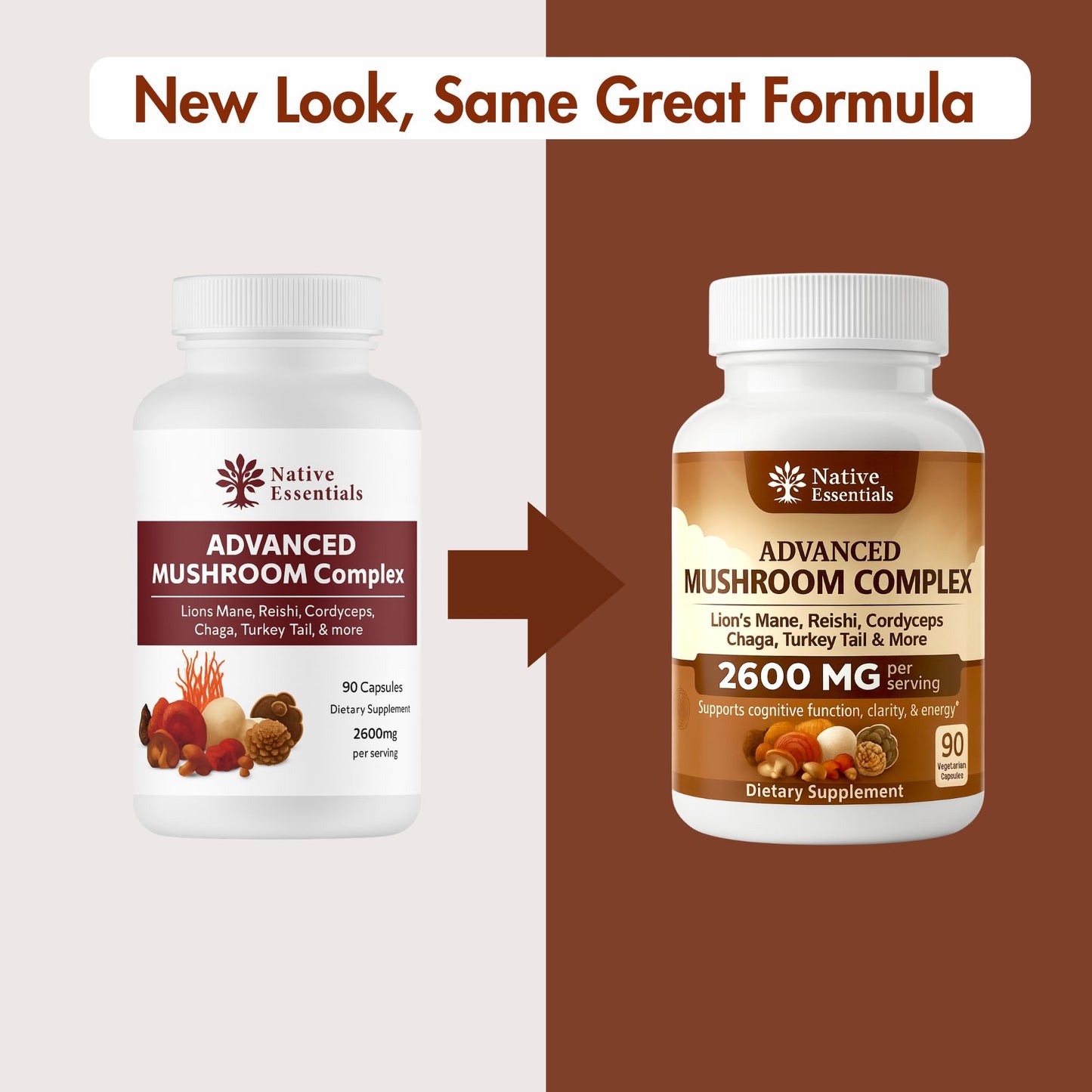 Native Essentials 10-in-1 Mushroom Complex with Lions Mane, Reishi, Cordyceps - 2600mg Focus Energy Immune Support, 90 Capsules