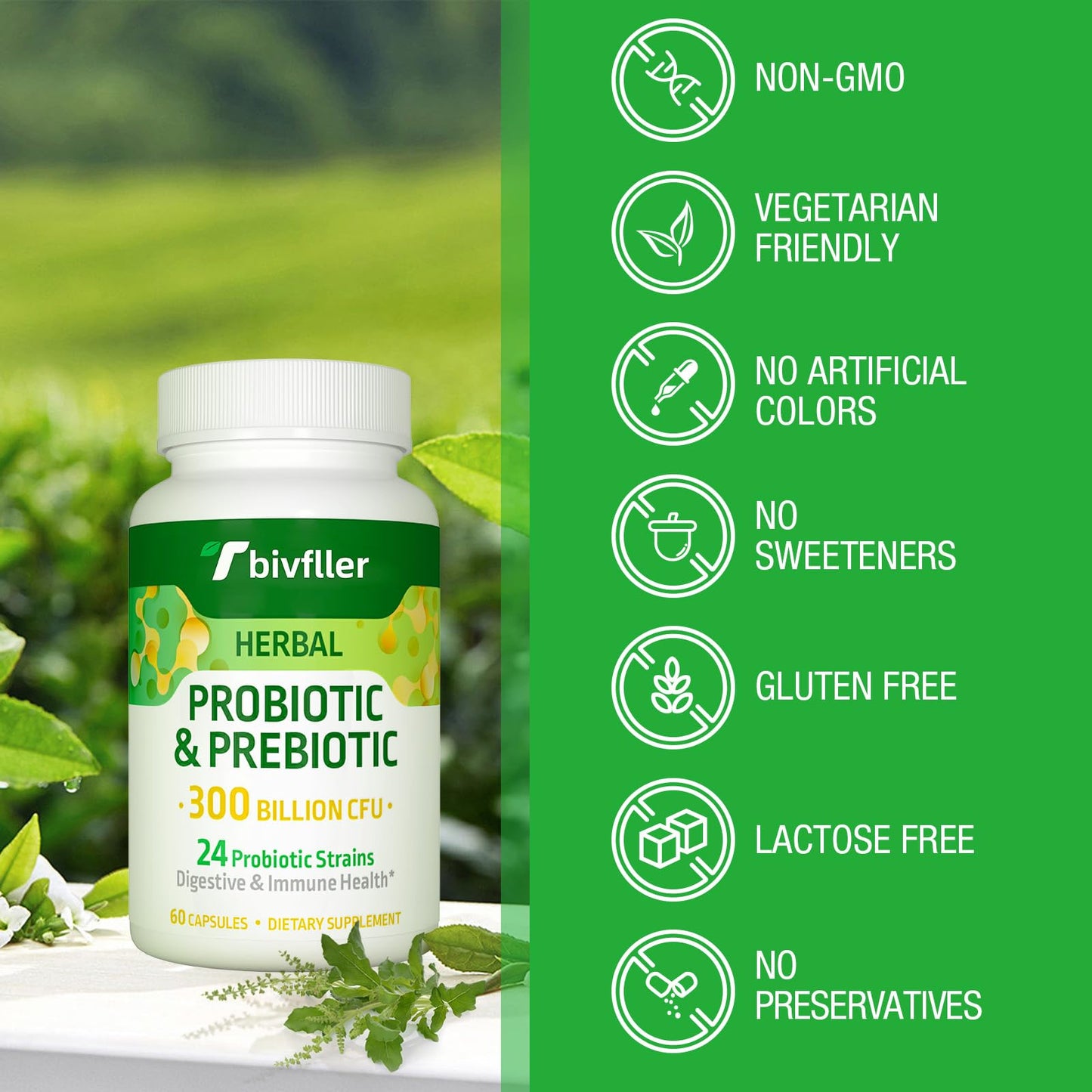 Tbivfller Probiotics for Women and Men, 300 Billion CFU, 24 Strains Probiotic + 15 Organic Herbs Prebiotics Blend, 120 Capsules