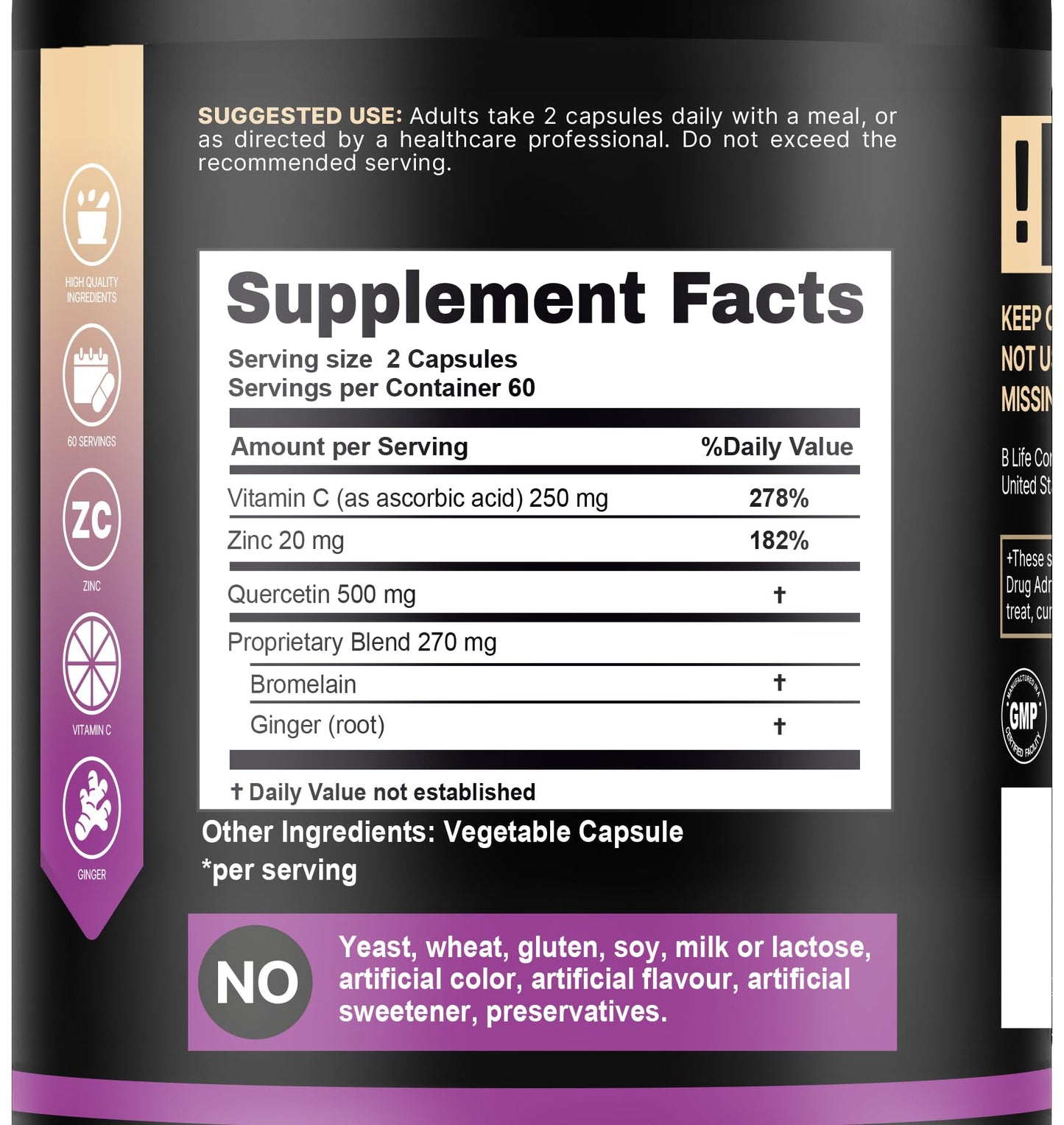 B Life Company BLife Quercetin 500mg Capsules with Vitamin C, Zinc & Ginger – Immune & Antioxidant Support – 240 Capsules
