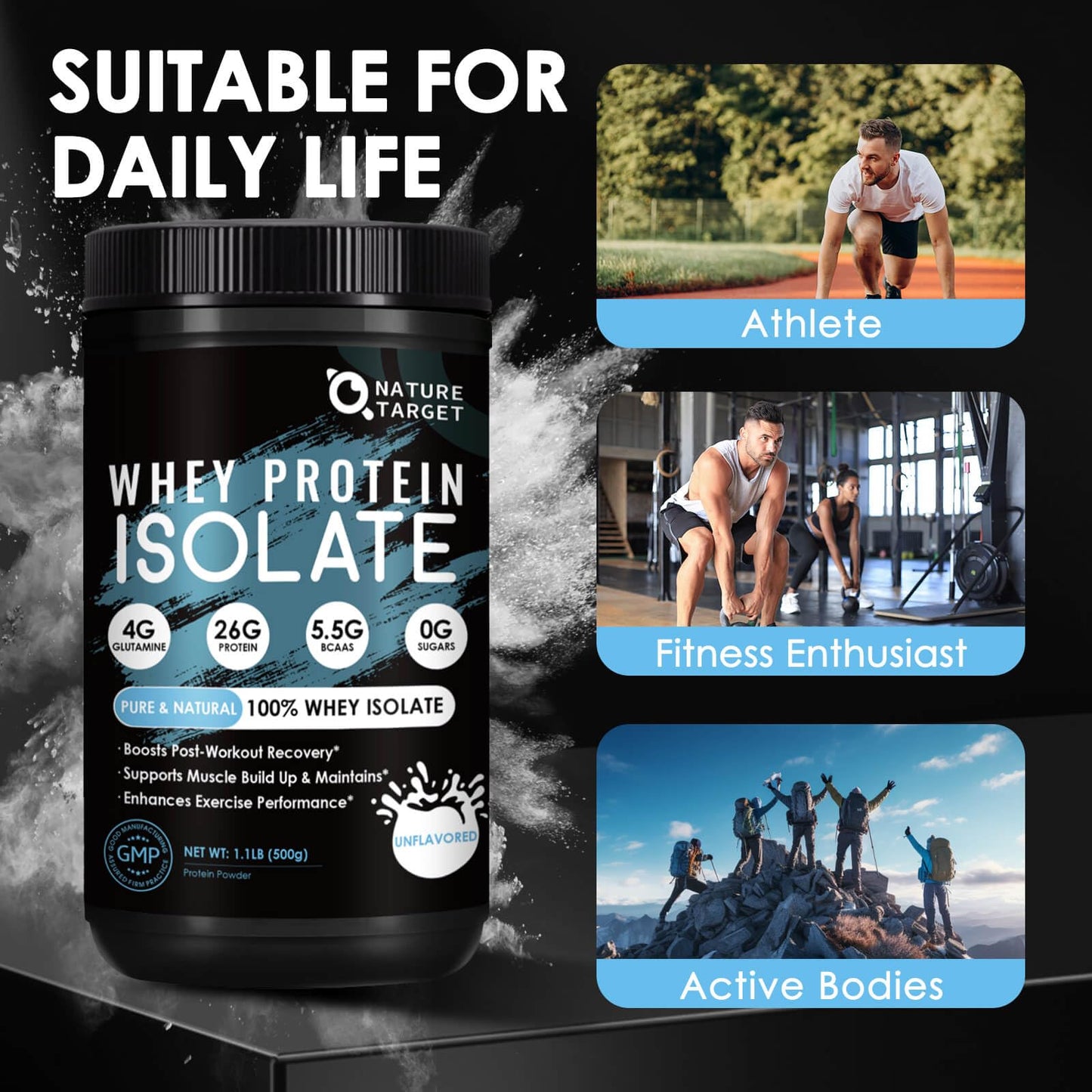 NATURE TARGET Unflavored Whey Protein Isolate Powder 1.1 Pound, 26g Protein, 16 Servings