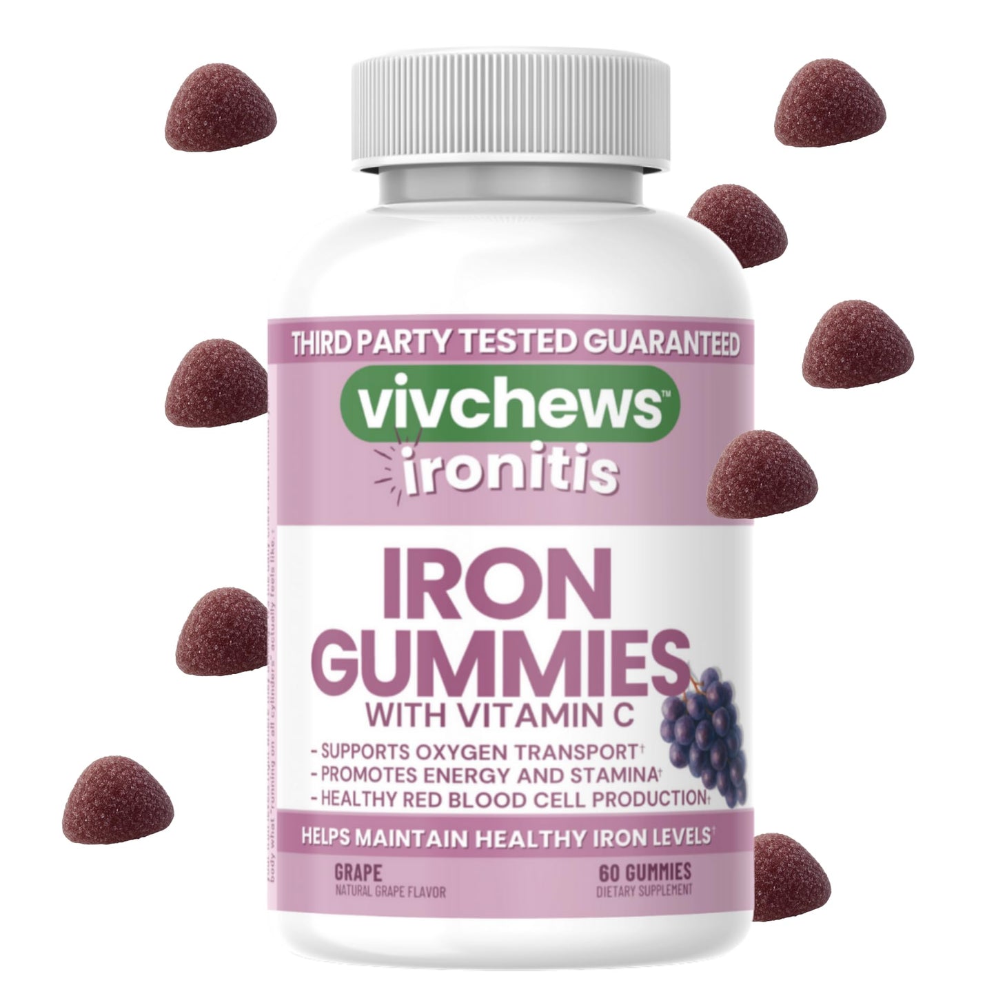 Vivchews Iron Gummies with Vitamin C 20 mg Iron (Ferrous Fumarate), 60 Count