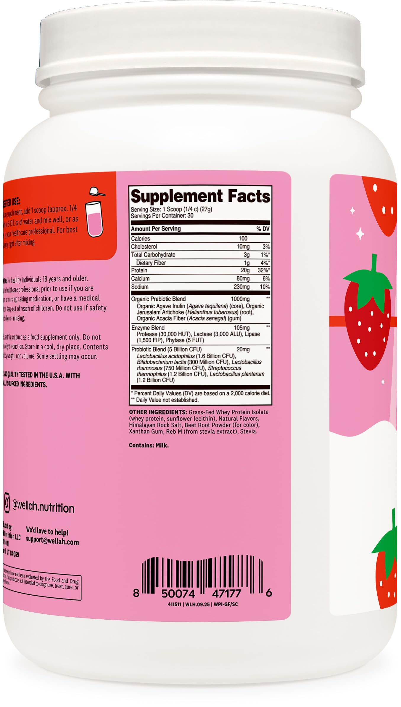 Wellah Grass-Fed Whey Protein Isolate Powder (Strawberries & Cream) 29.1 Servings