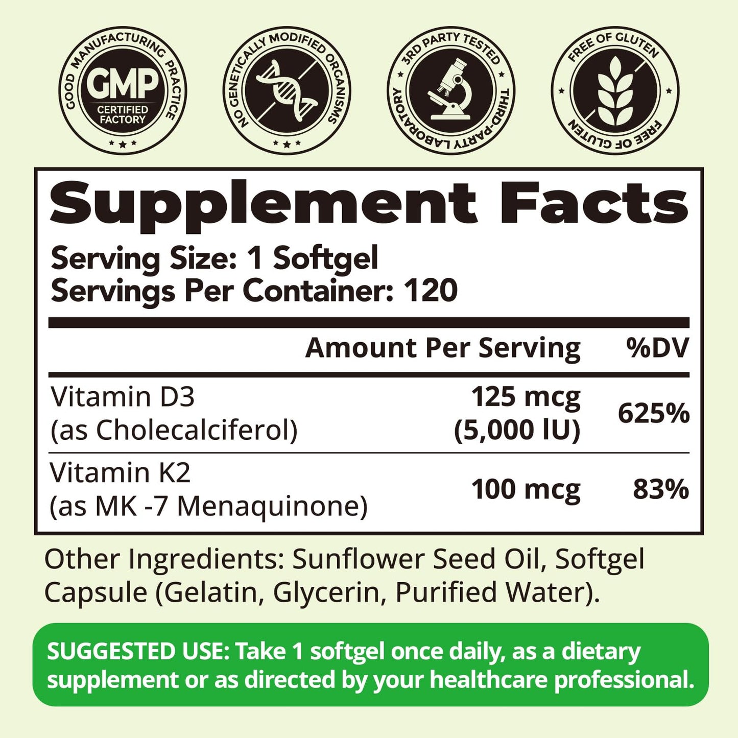 HojaSana Vitamin D3 K2 5000IU 100mcg MK-7 for Bone, Immune & Heart Support Softgels 120