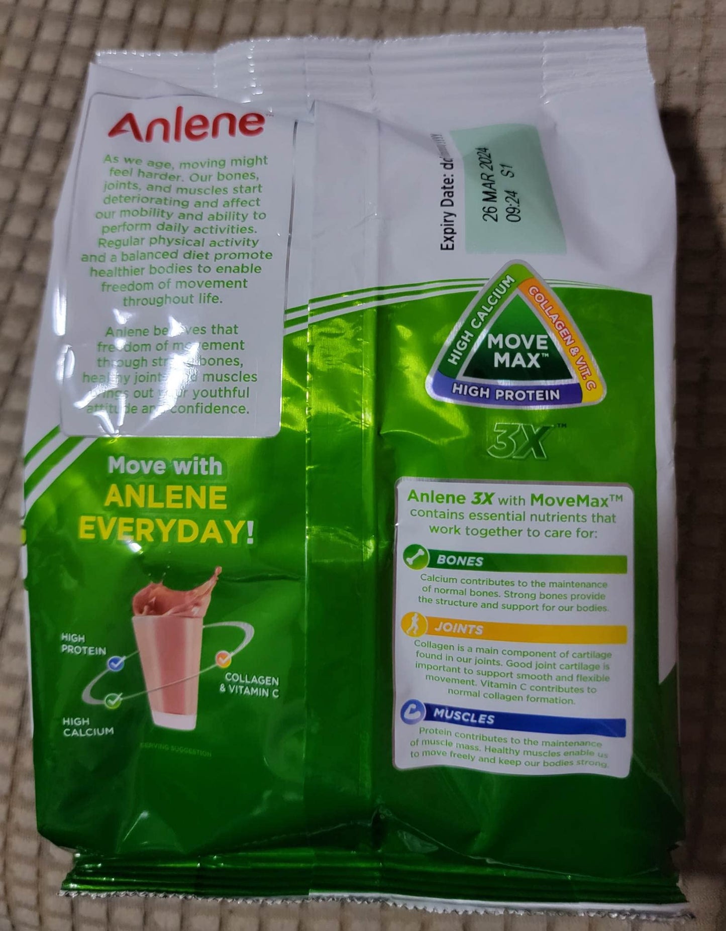 Anlene Powder Chocolate Flavor with Collagen, High Vitamin B6 & B12, C, D, E, High Protein, Magnesium, Zinc Reduced Fat Powdered Milk Drink, 10.58 oz