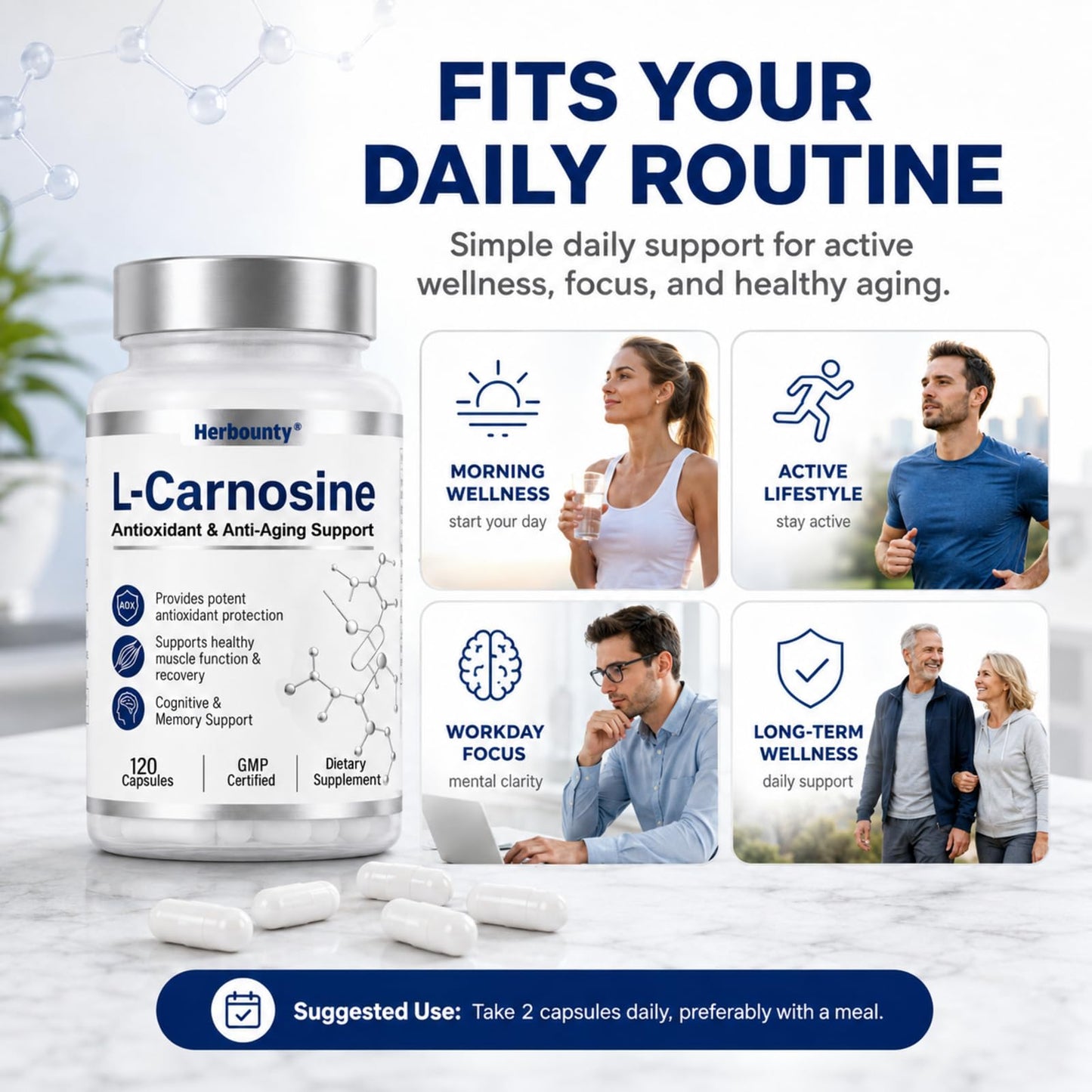 Herbounty L-Carnosine Supplement 500mg Capsule, 120 Capsules