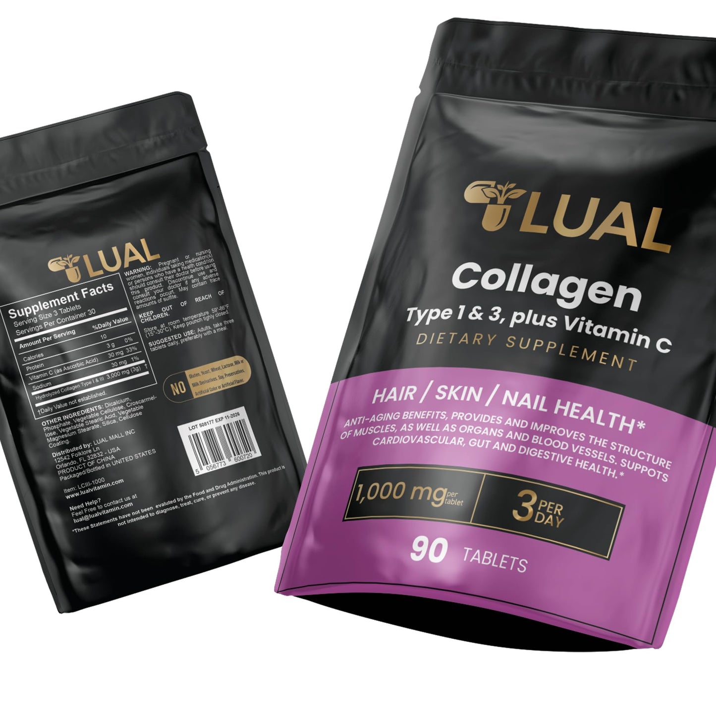LUAL Collagen 1 & 3 + Vitamin C - Boost Skin Elasticity & Joint Health - 1,000mg, 90 Tablets