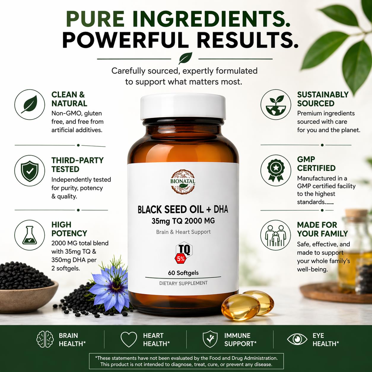 BioNatal Premium Black Seed Oil + DHA Softgels – 5% Thymoquinone (TQ) – Algal Oil Omega-3 & Organic Flaxseed Oil – 2000mg Total Complex – Supports Immunity, Brain, and Joint Health – 60 Softgels
