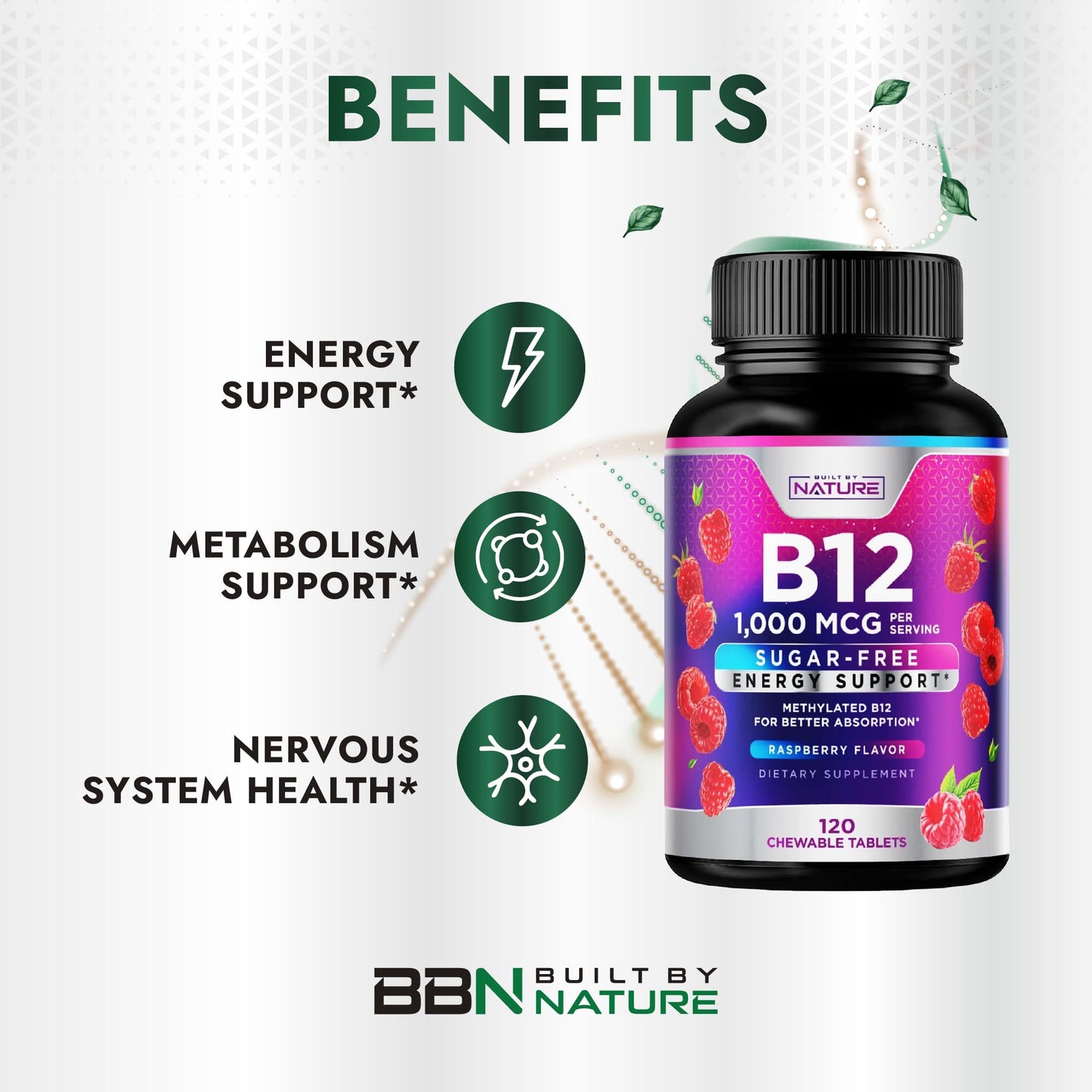 Built by Nature Vitamin B12 1000 mcg Methylcobalamin Chewable Tablets Berry Flavor, 120 Count