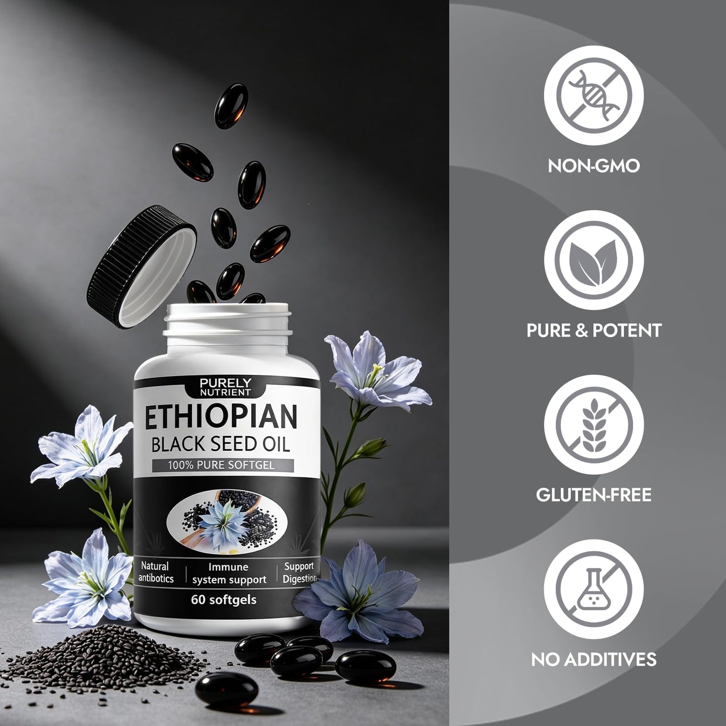 DoggySupps Purely Nutrient Ethiopian Black Seed Oil - Cold-Pressed Nigella Sativa Seed Oil, High Thymoquinone Formula, Non-GMO, Gluten Free - 60 Capsules