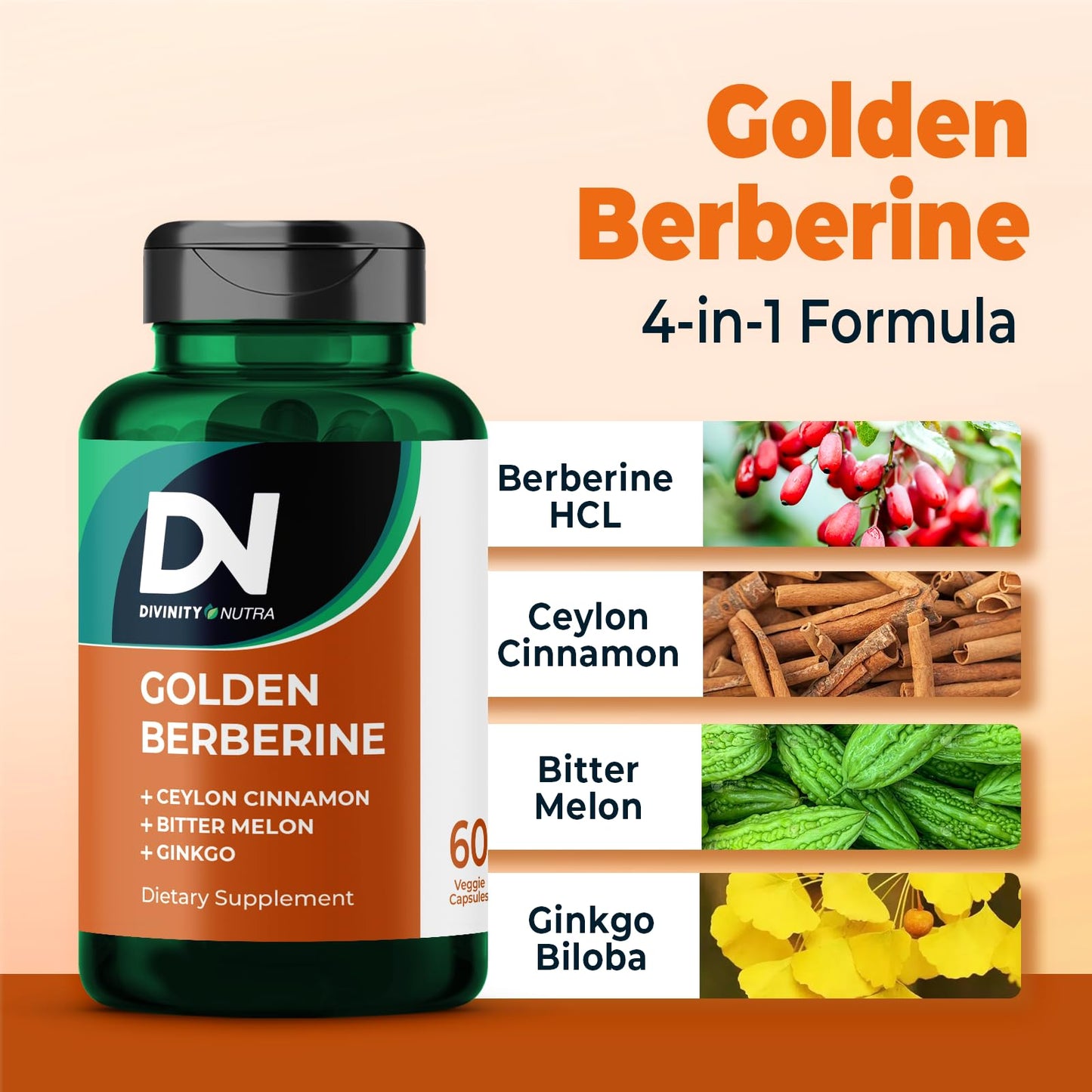 Divinity Nutra Golden Berberine Supplement with Bitter Melon, Ginkgo Biloba and Ceylon Cinnamon, 60 Capsules